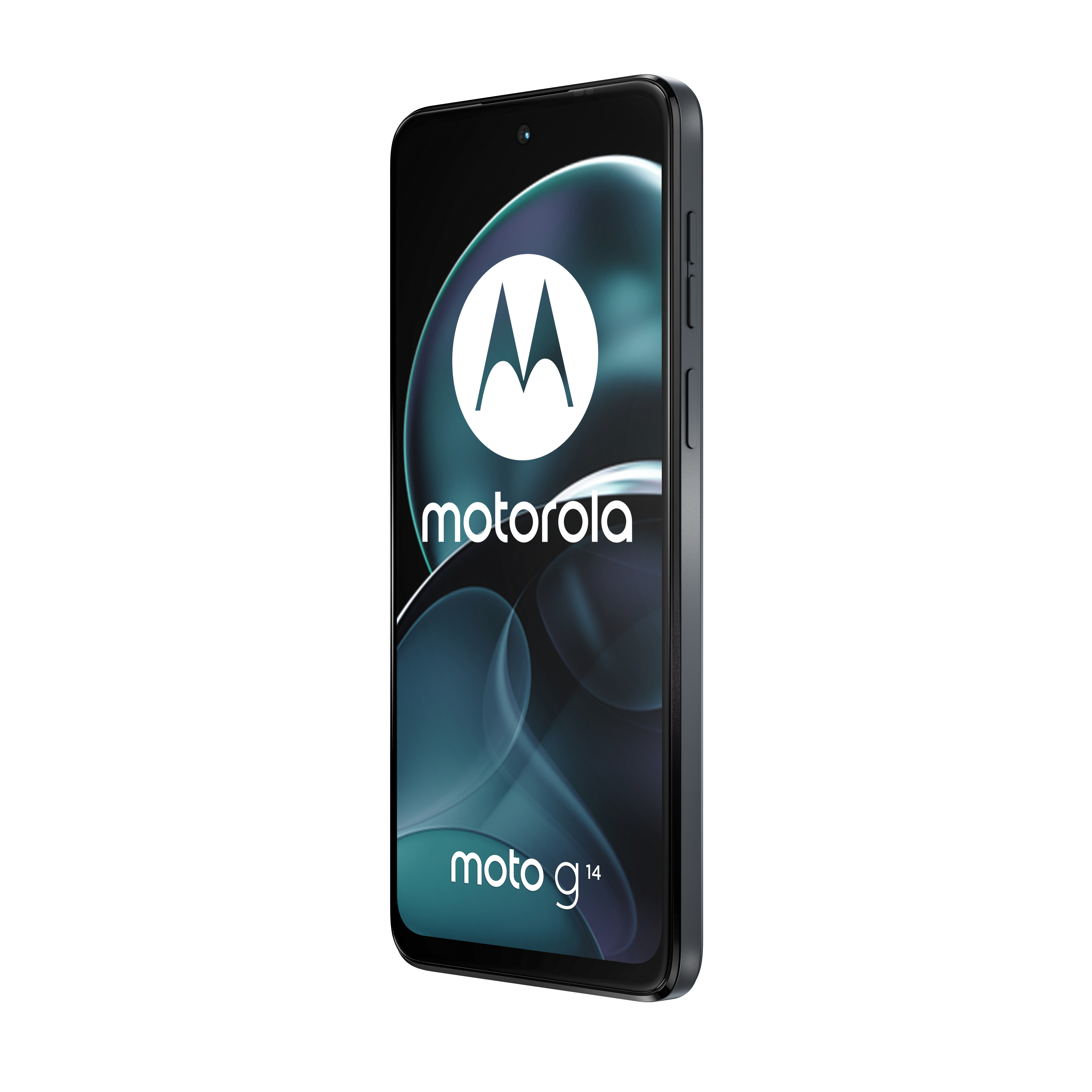 Motorola Moto G14 Smartphone auf weißem Hintergrund, zeigt seine Benutzeroberfläche auf dem Bildschirm.