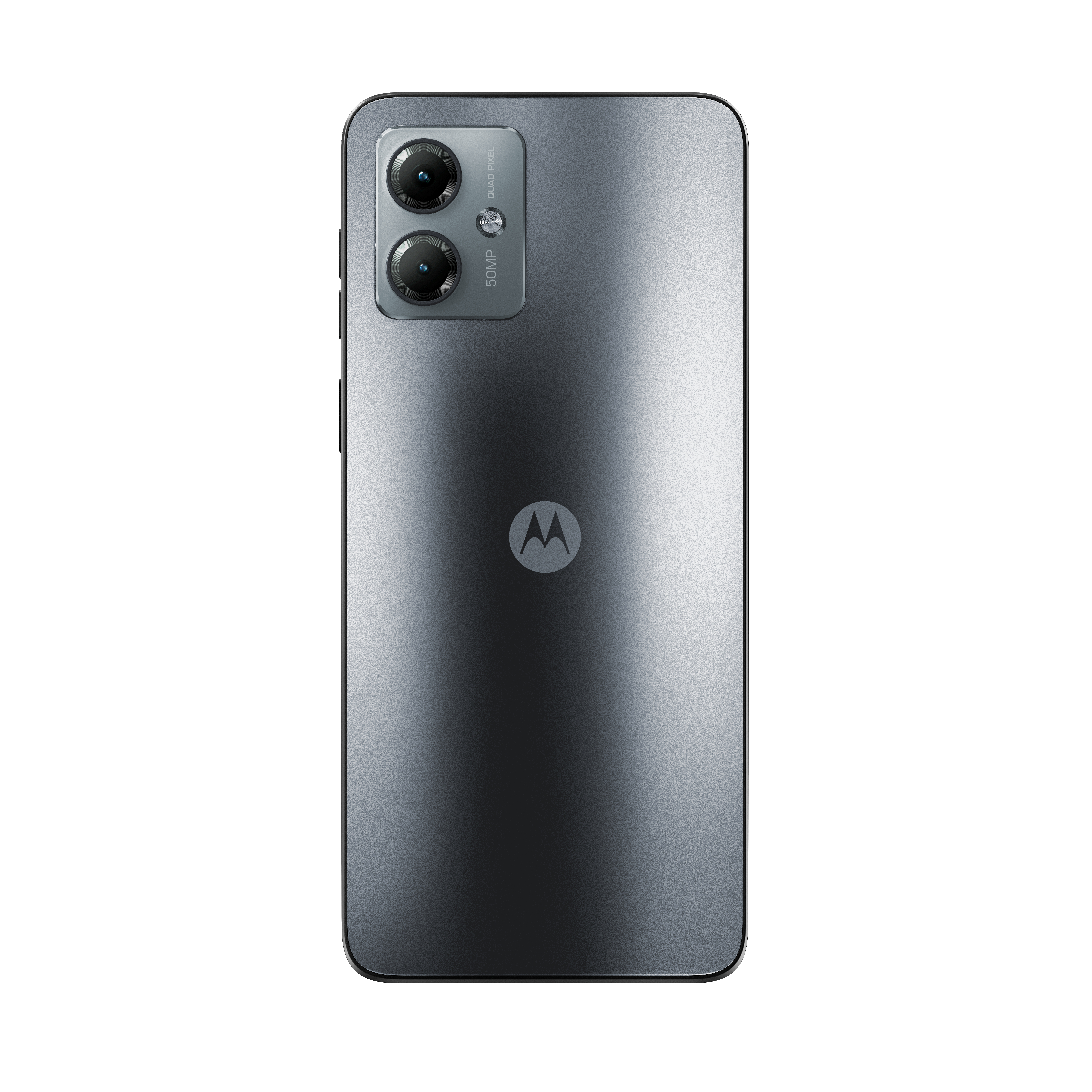Die Rückseite eines grauen Smartphones. Es hat zwei Kameras und ein Motorola-Logo.