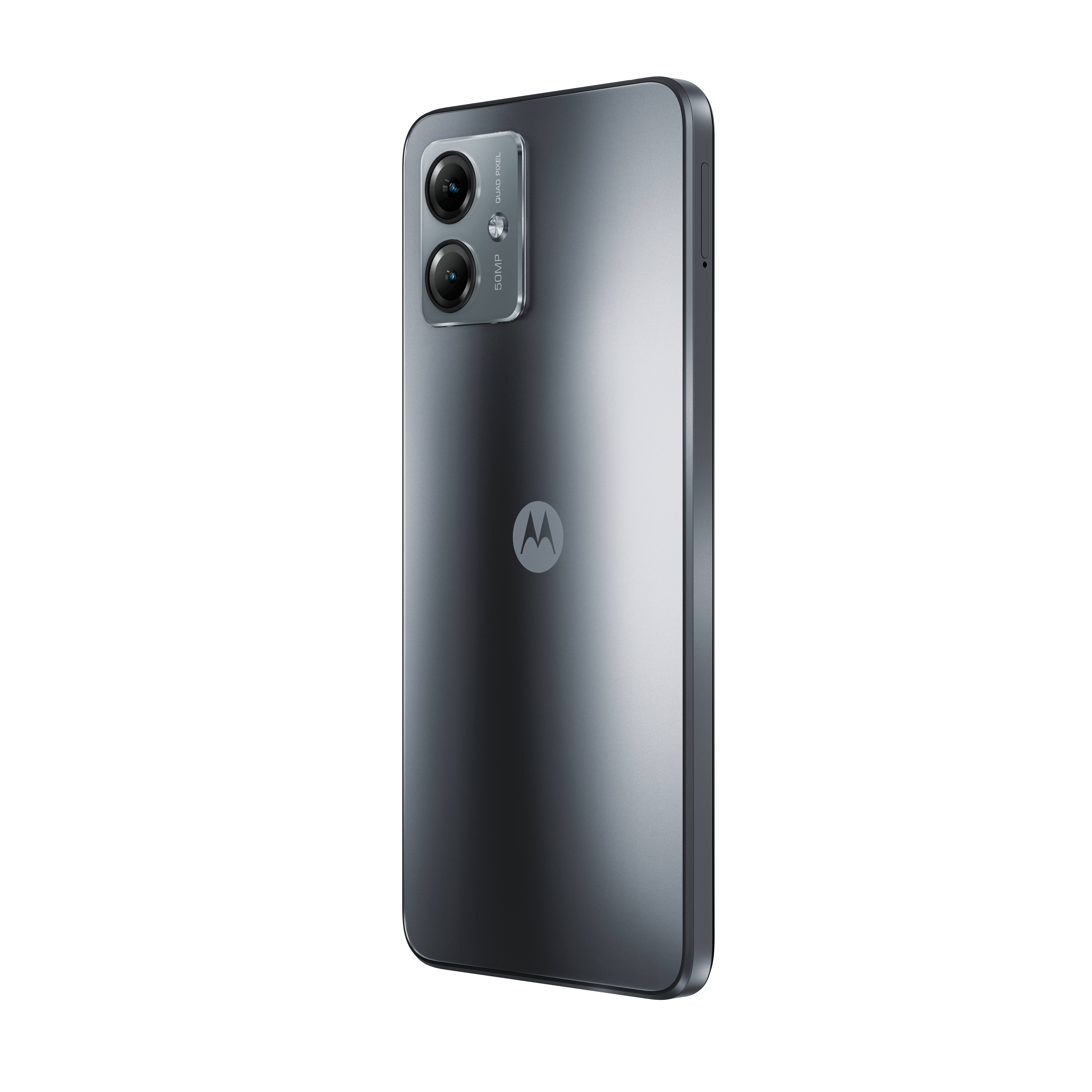 Ein graues Motorola-Telefon mit zwei Kameras auf der Rückseite, leicht angewinkelt, vor weißem Hintergrund.