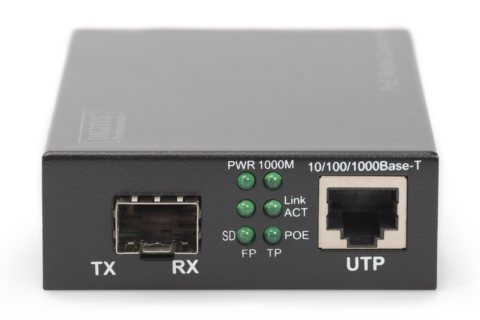 DIGITUS DN-82140 Gigabit Ethernet PoE+ Medienkonverter, Schwarz