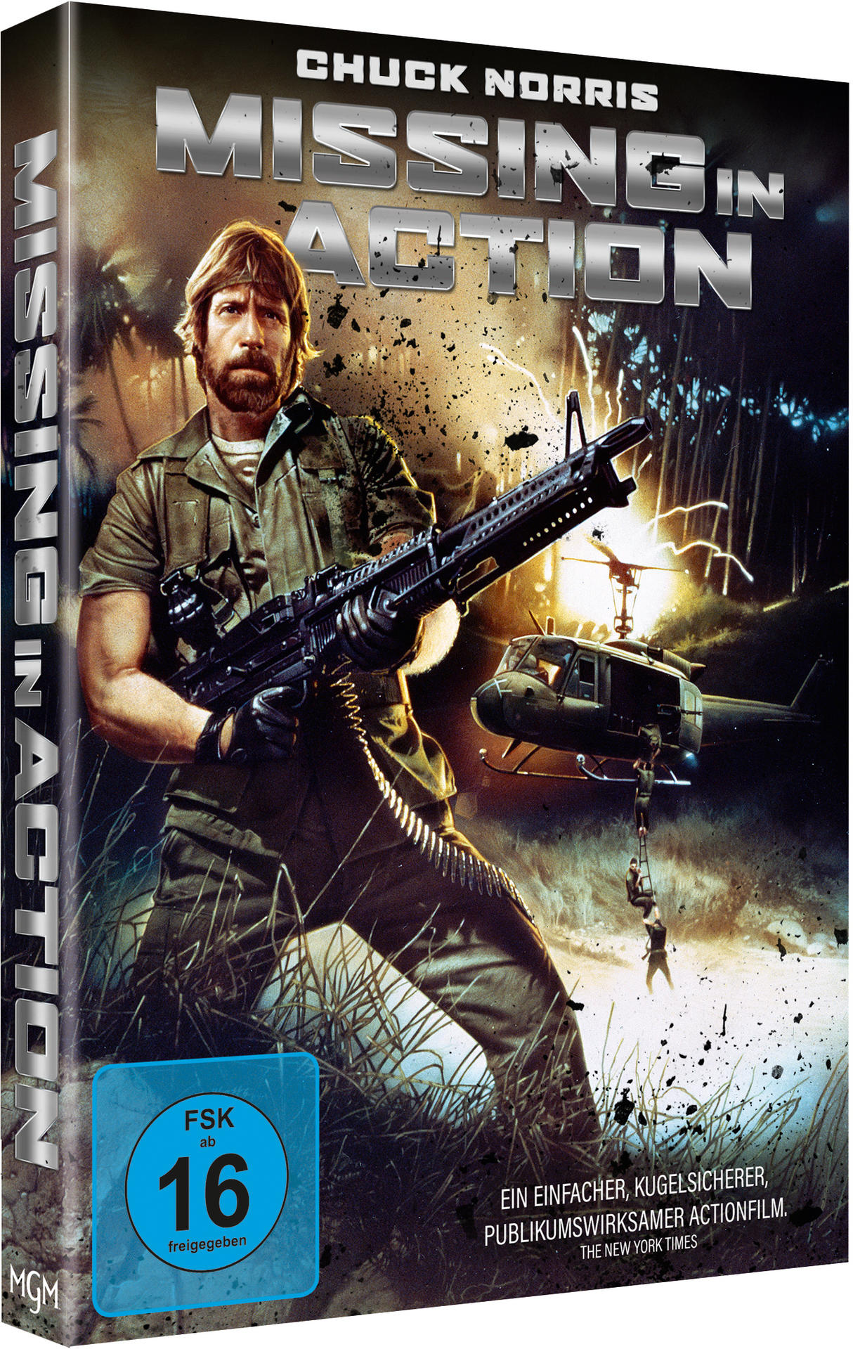 Chuck Norris mit Gewehr, Hubschrauber mit Seil und Soldaten im Dschungel.