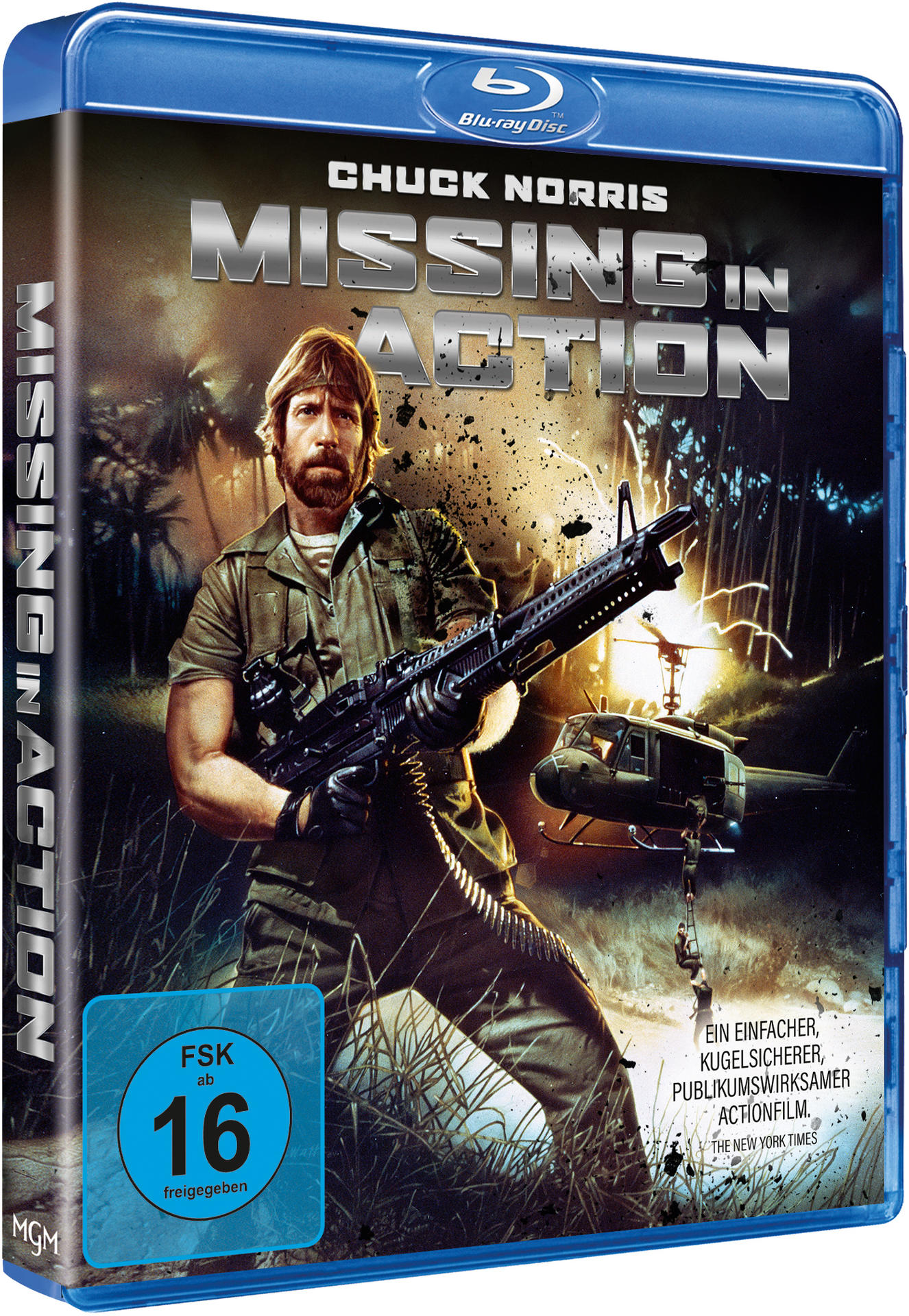 Chuck Norris mit Waffe vor Helikopter, Dschungelkulisse, Explosionen, FSK 16.