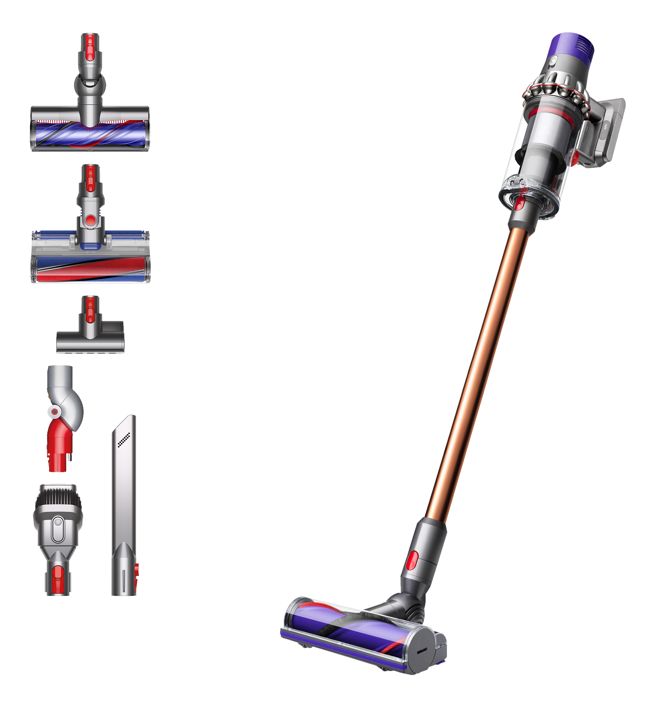 Dyson Akku-Staubsauger mit mehreren Aufsätzen. Kupfer- und Graufarben.