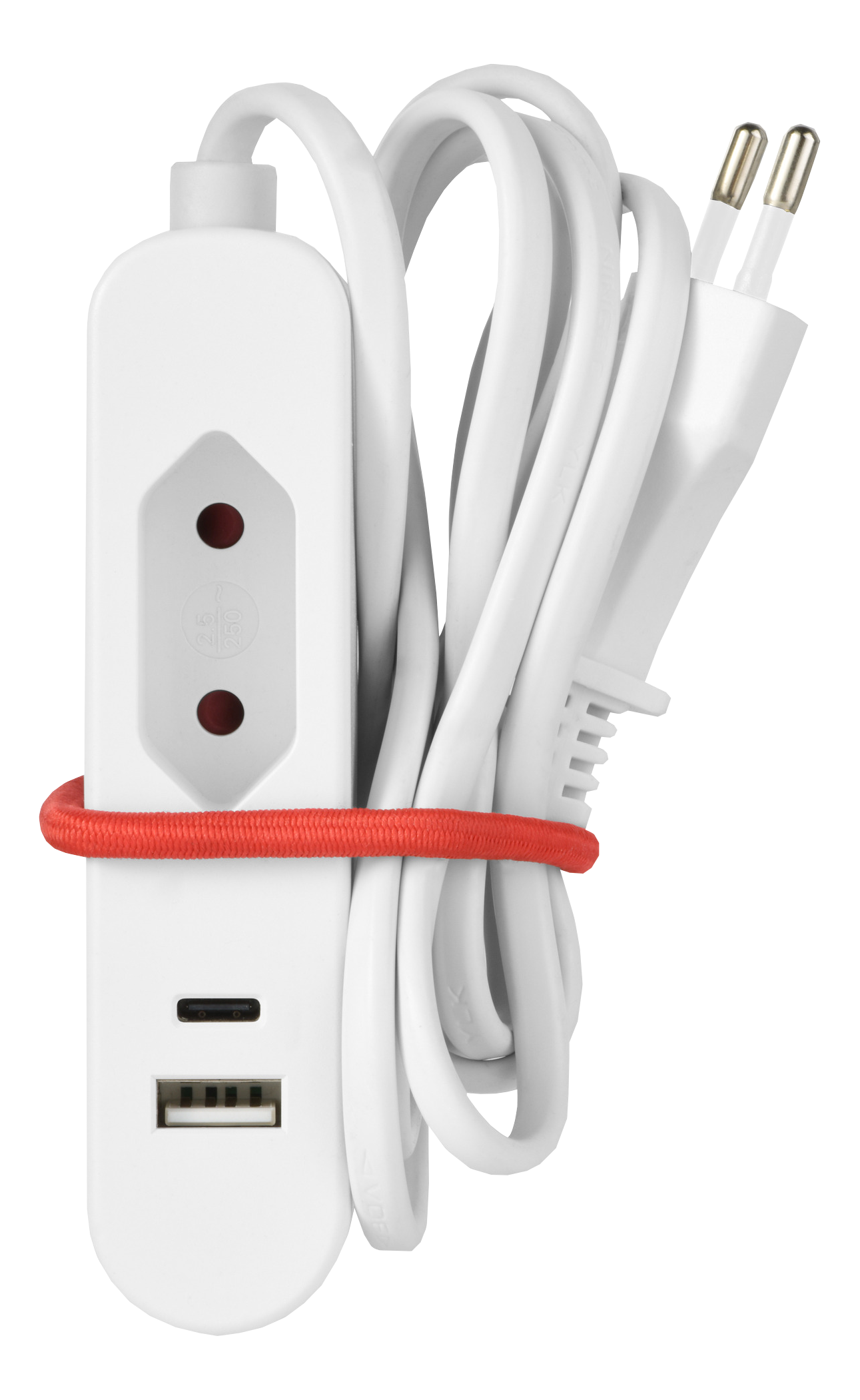 Multipresa bianca con USB e spina. Cavo rosso. Isolato su sfondo nero.
