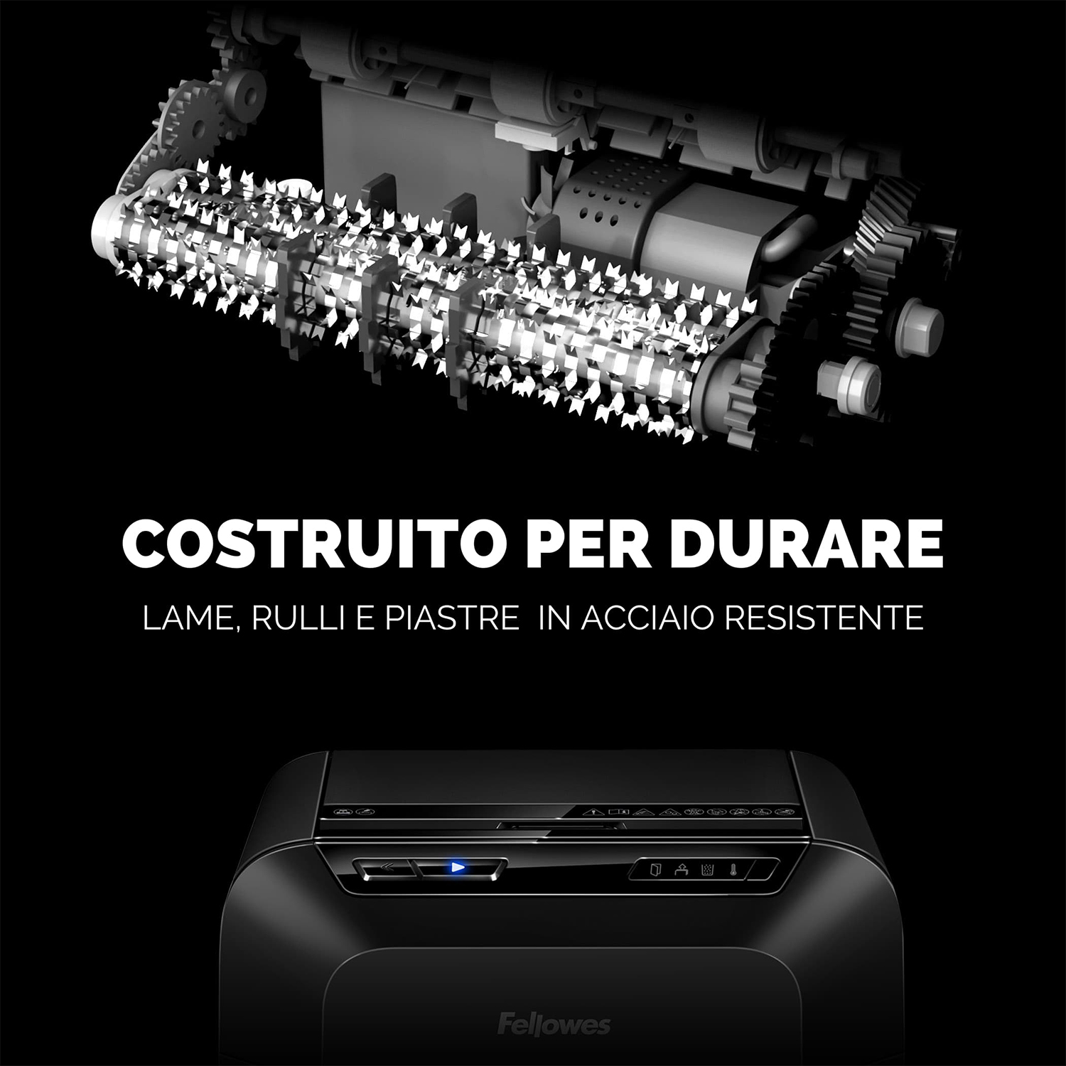 Un distruggidocumenti nero con testo: COSTRUITO PER DURARE.