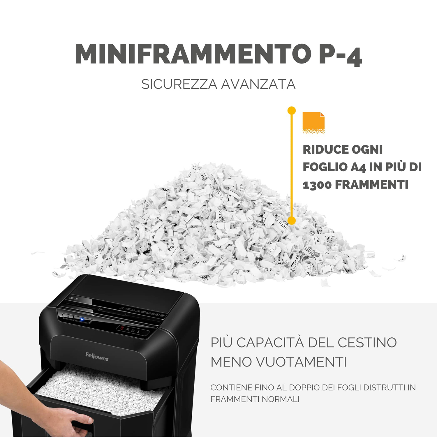 Un tritacarte sta triturando carta, con un contenitore che viene estratto. Testo sul tritacarte.