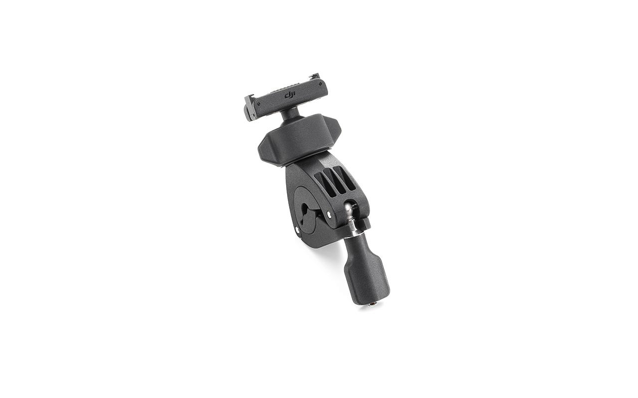 Schwarze DJI-Halterung zum Befestigen von Geräten. Hat ein Kugelgelenk und eine Klemme.