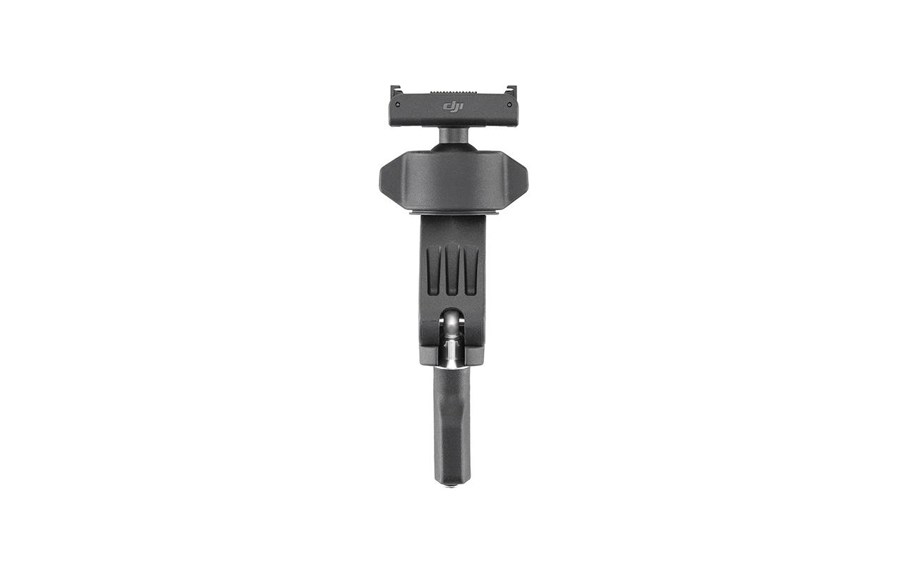 Ein schwarzer DJI Osmo Mobile Stabilisator ist vor weißem Hintergrund isoliert. Ober- und Unterseite sind sichtbar.