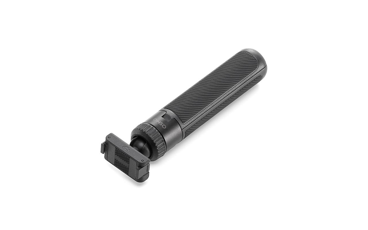 Schwarzer DJI Osmo Handy-Stabilisator. Griff sichtbar. Weißer Hintergrund.