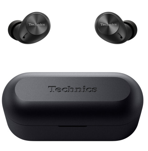 Czarne słuchawki i etui ładujące z logo 'Technics'.