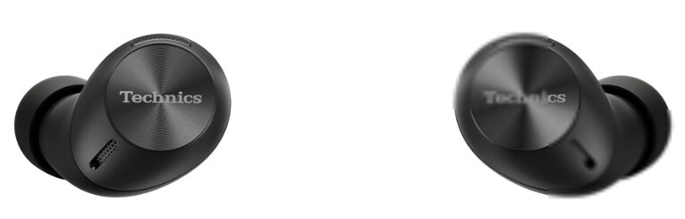 Dwa czarne słuchawki z logo Technics, białe tło.
