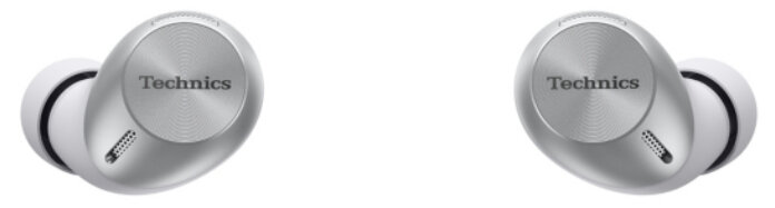 Dwie białe słuchawki ze srebrnymi akcentami. Logo 'Technics' widoczne na każdej.