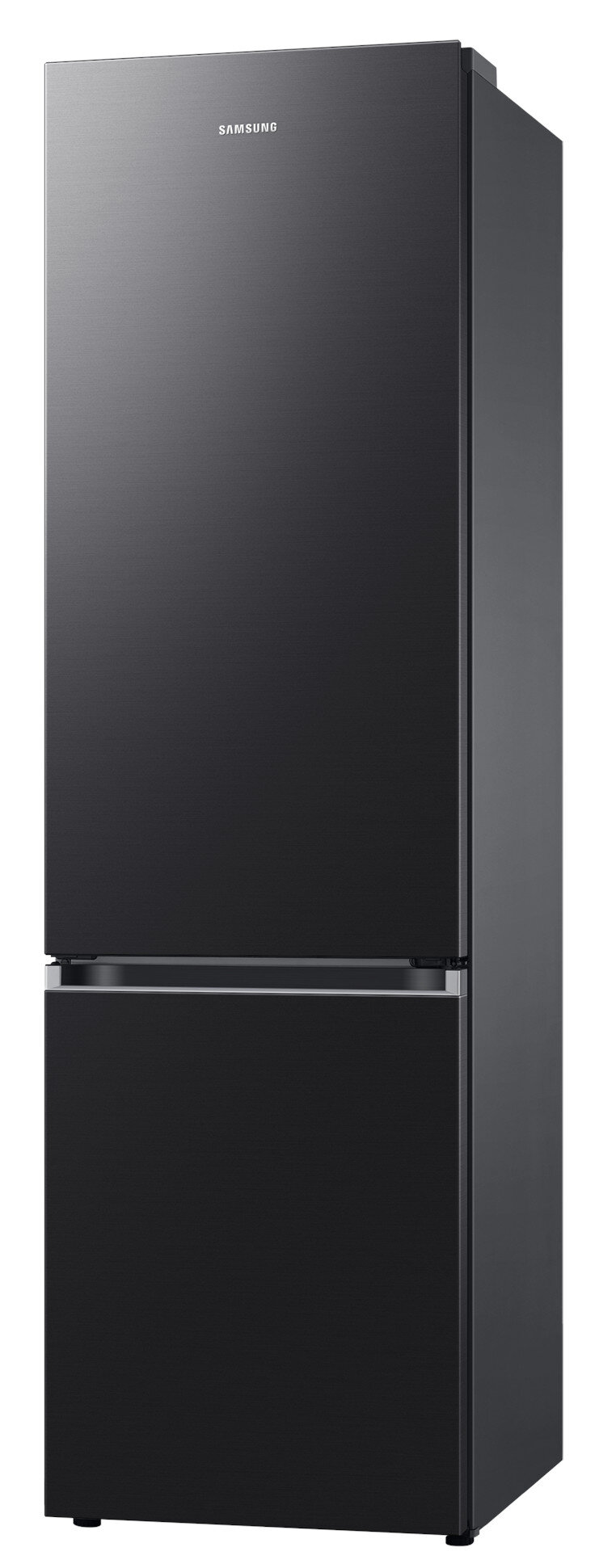 Czarna lodówka Samsung, wysoka i smukła. Lodówka ma czarne drzwi i srebrny uchwyt.
