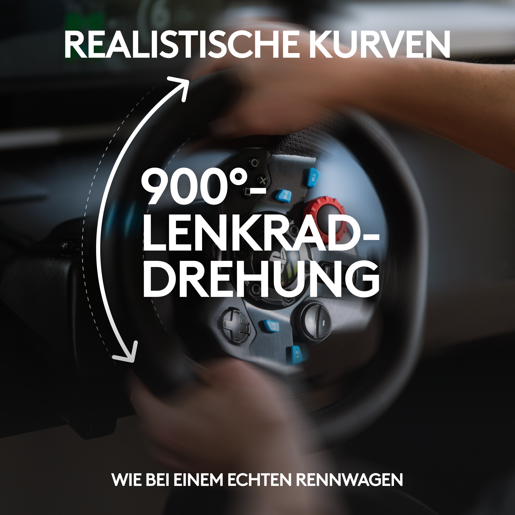 Ein Lenkrad mit 900-Grad-Drehung. Text sagt: realistische Kurven.