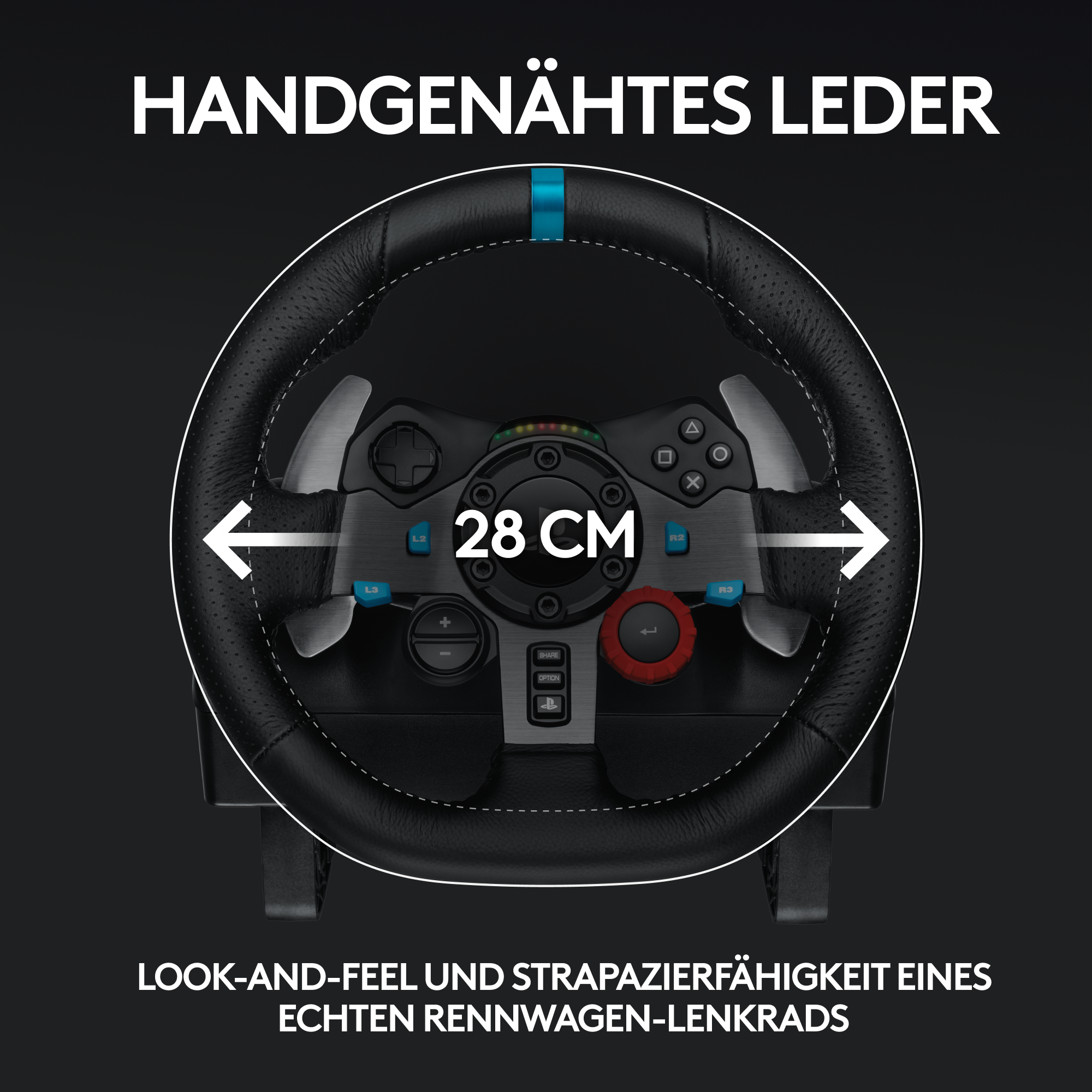 Lenkrad eines Rennwagens. Das Rad ist schwarz mit blauem Streifen. Es ist 28 cm.
