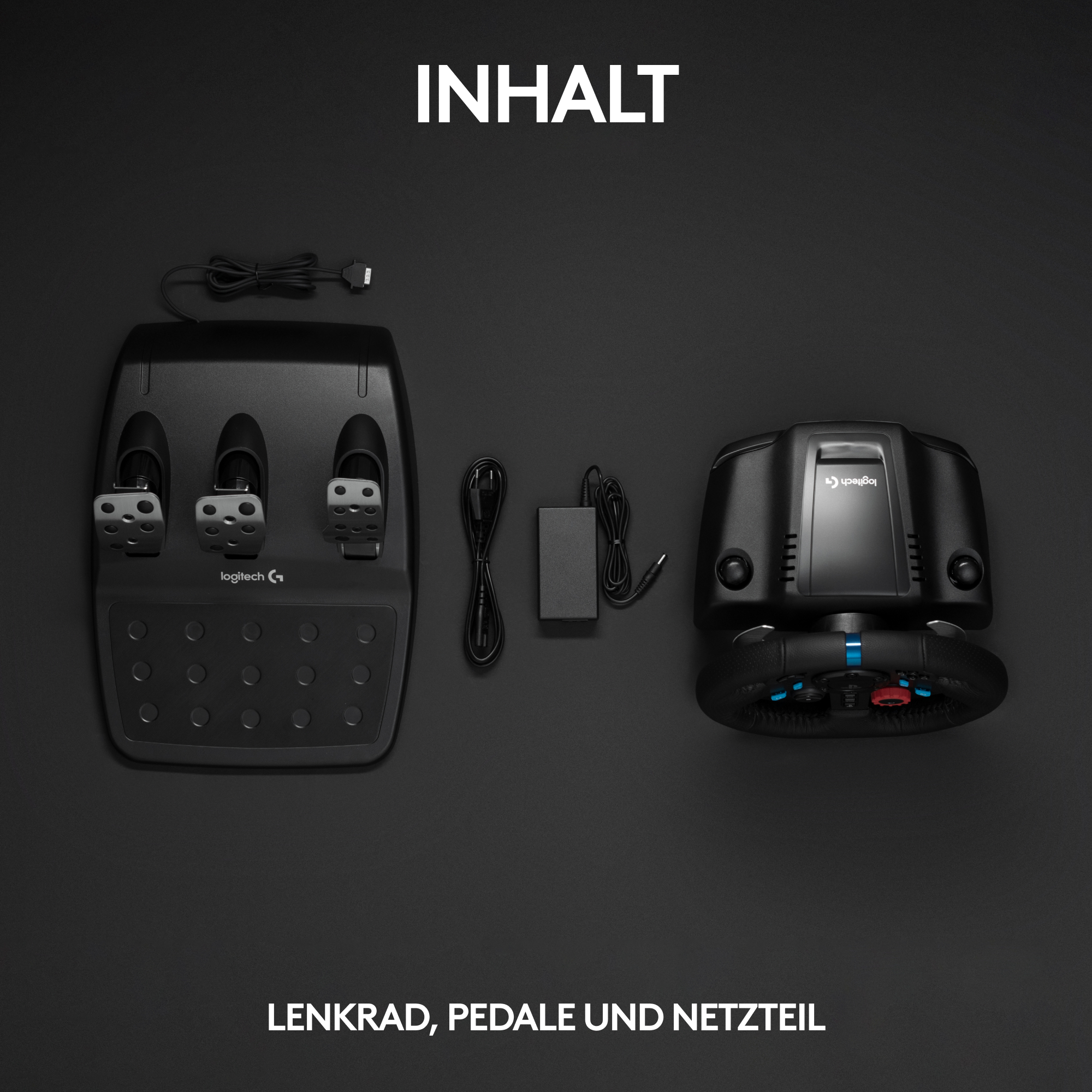 Lenkrad, Pedale und Netzteil. Schwarzer Hintergrund. Das Wort INHALT steht oben.