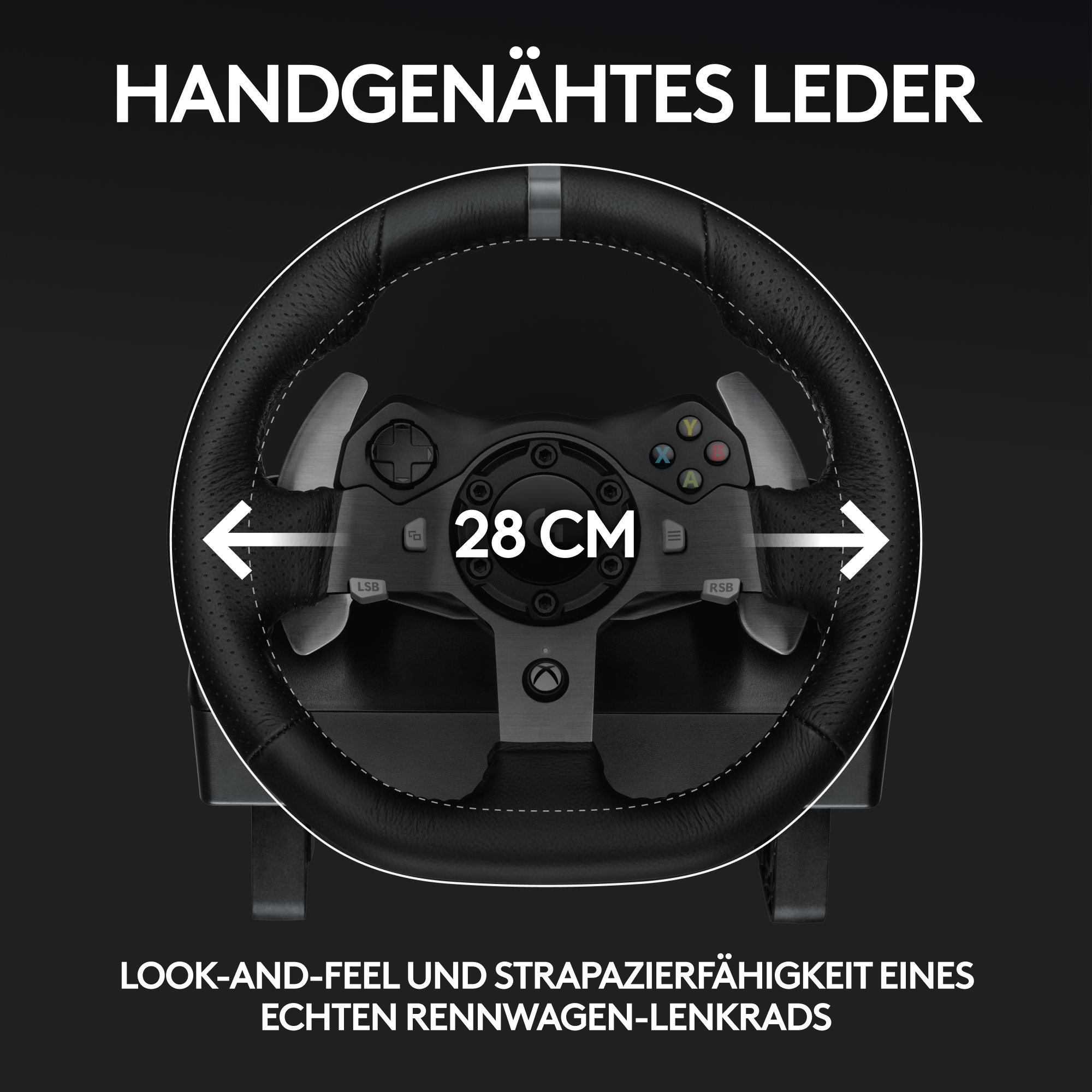 Ein schwarzes Lenkrad mit weißen Nähten, mit dem Text "28 CM".