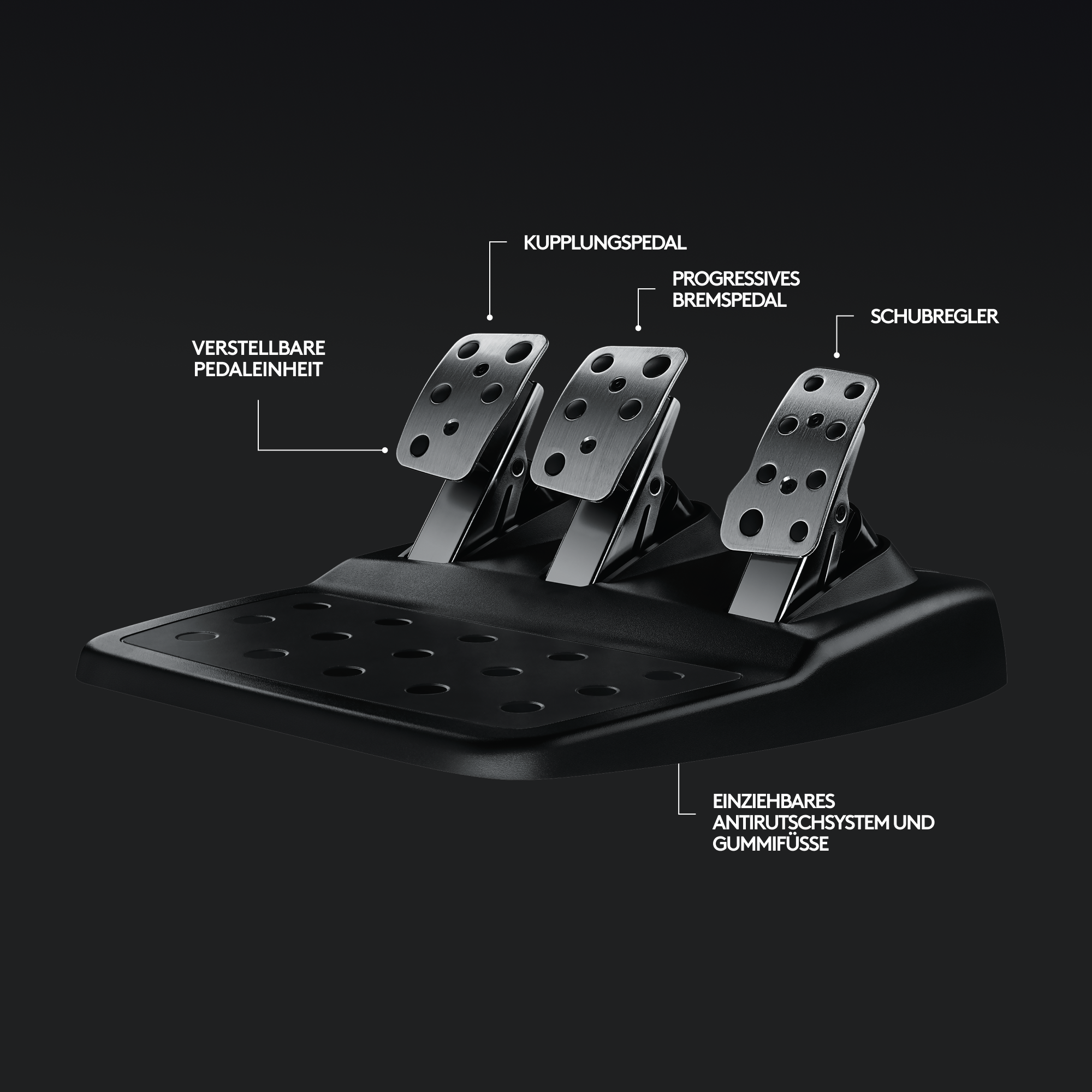 Gaming-Pedale mit Kupplung, Bremse und Gaspedal auf einer schwarzen Plattform.