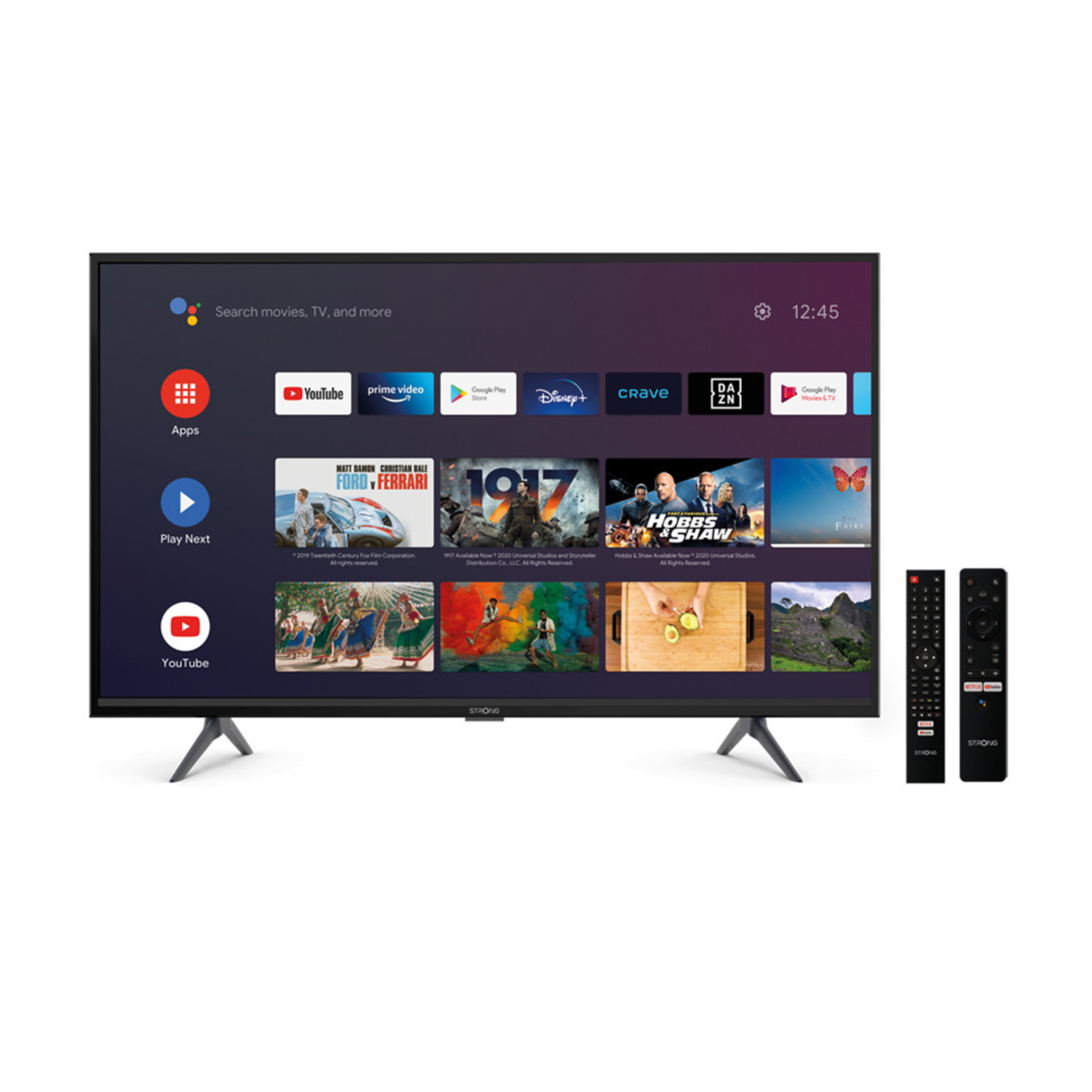Schermo TV nero con app, telecomandi a destra e supporto nero.