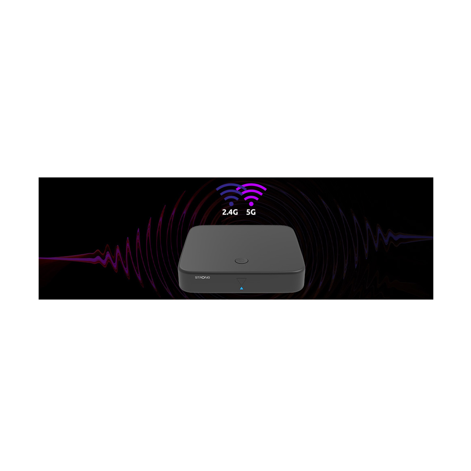 Una scatola nera con la scritta STRONG, simboli wifi 2.4G e 5G su sfondo viola.