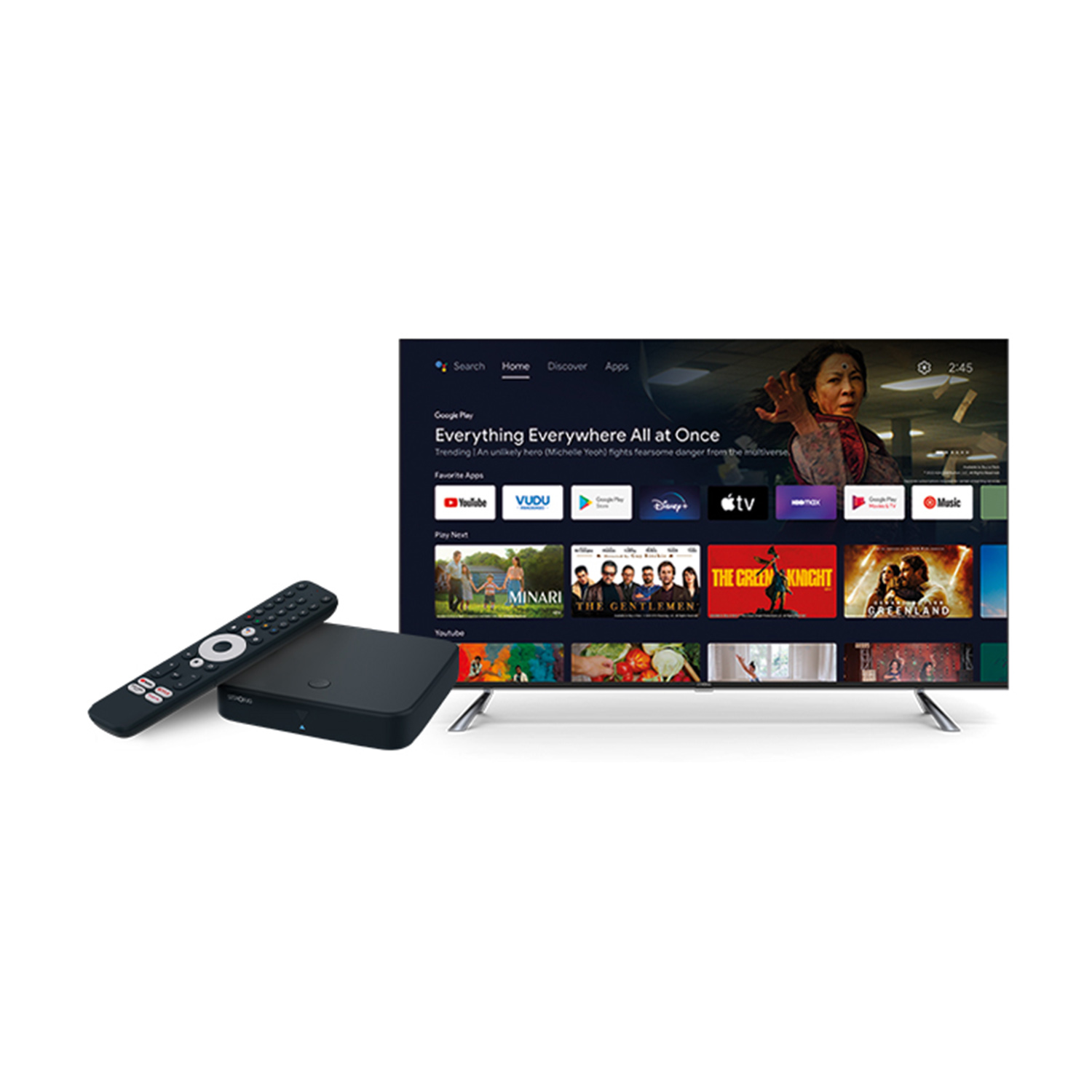 Un televisore, un set-top box e un telecomando su sfondo bianco.