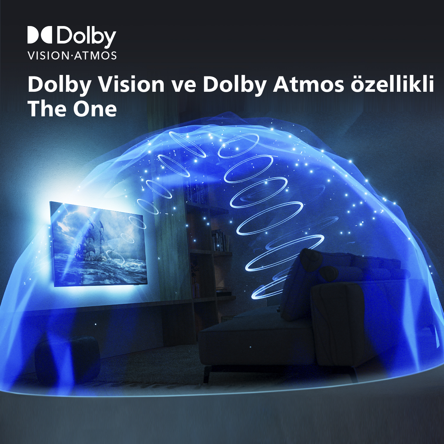 Bir TV deniz manzarasını gösteriyor. Mavi bir aura onu çevreler, Dolby Vision ve Atmos yazısıyla.