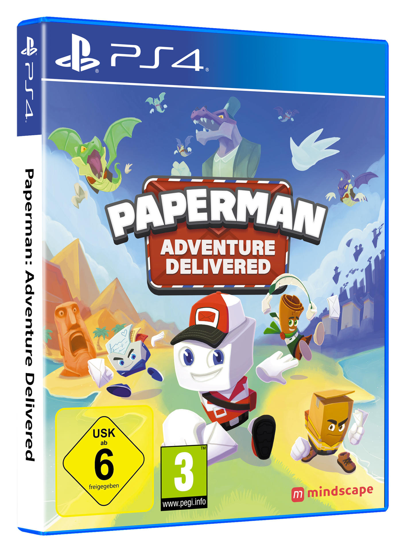 Paperman: Adventure Delivered Spielbox. Cartoon-Grafiken von Figuren. Blauer und weißer Hintergrund.