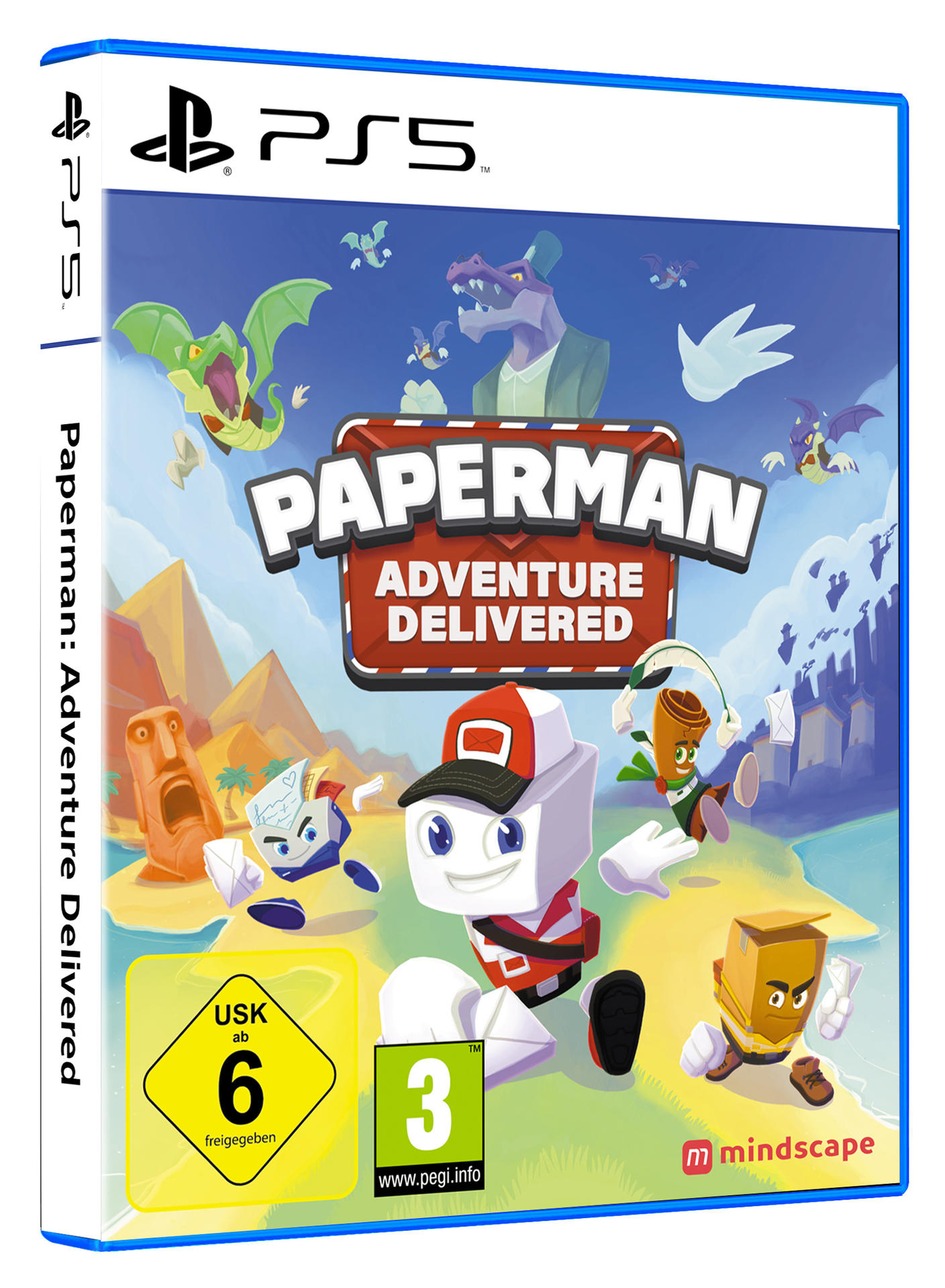 Paperman: Adventure Delivered Spielcover für PS5, mit Charakteren. Die Box befindet sich in einem Studio.