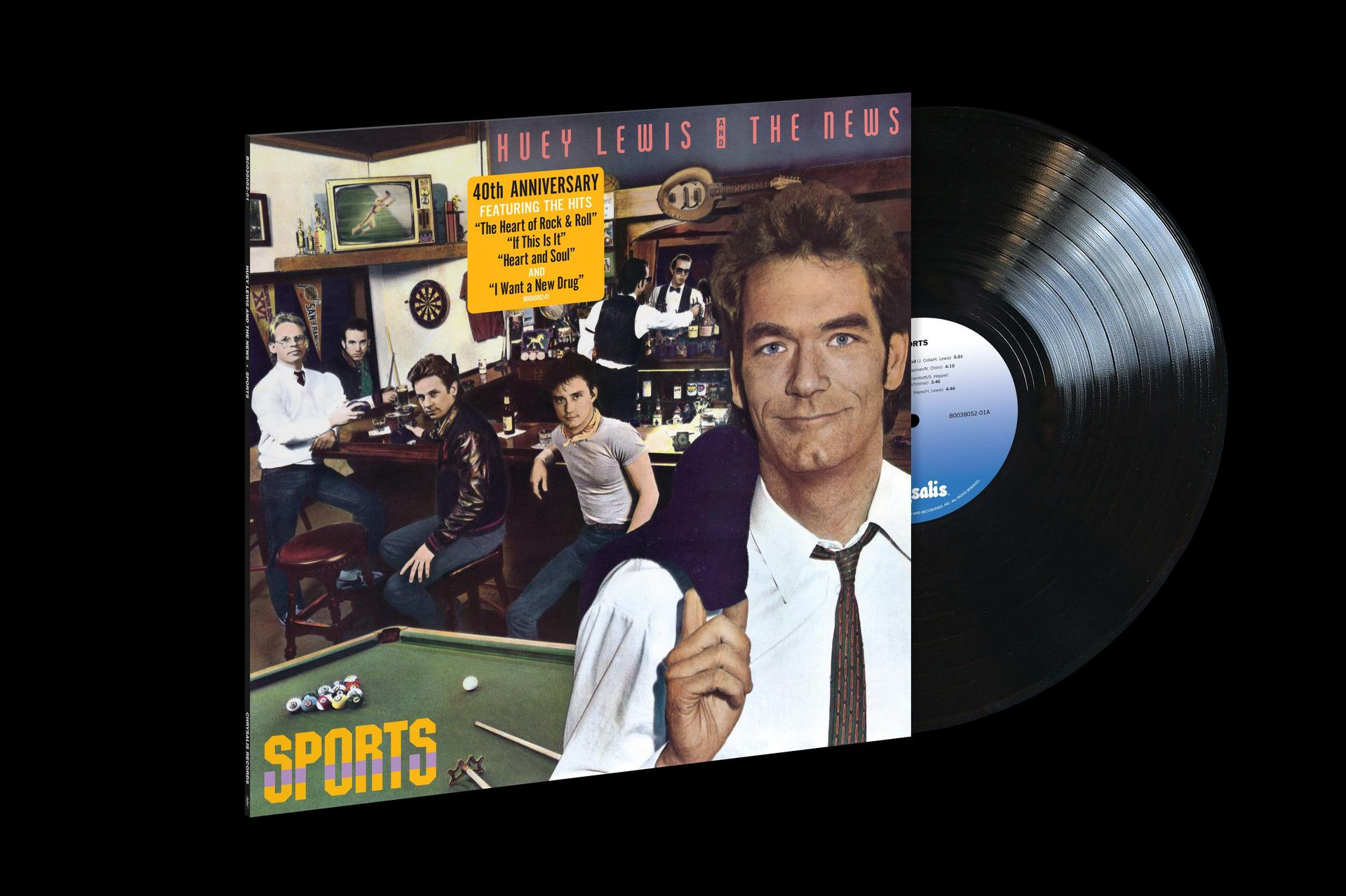 Eine Schallplatte und das Albumcover von Huey Lewis and The News, mit Leuten in einer Bar.