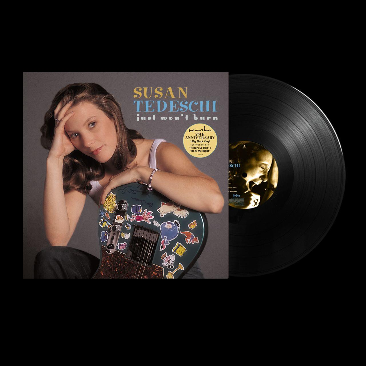 Ein Albumcover von Susan Tedeschi mit Gitarre und eine Vinyl-Schallplatte.
