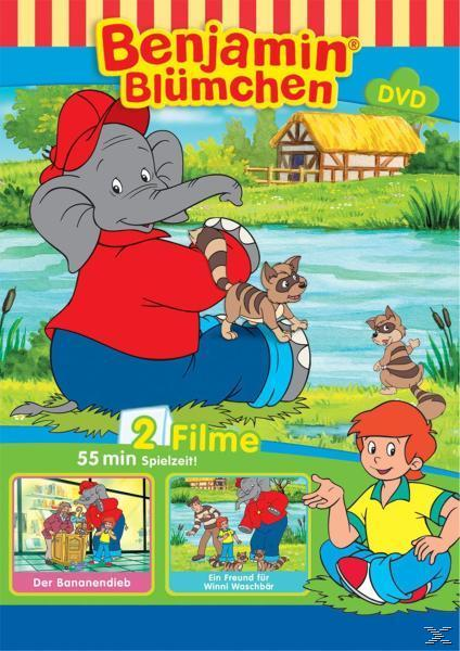 Benjamin Blümchen DVD-Cover. Elefant, Waschbär, Junge und Haus.
