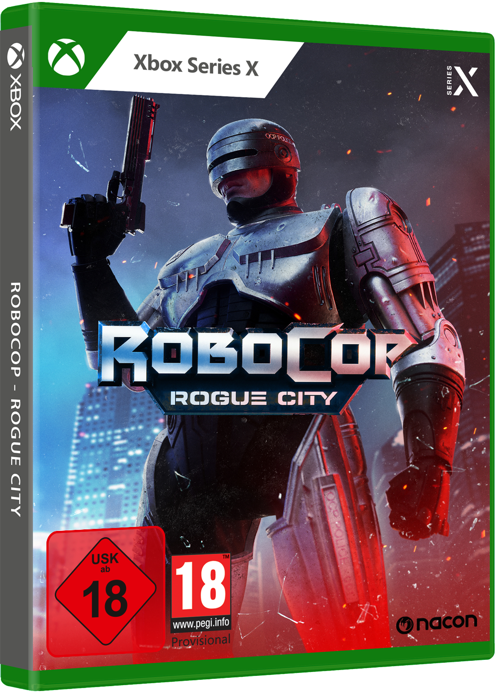 RoboCop-Spielbox. RoboCop hält eine Waffe. Das Spiel heißt 'RoboCop: Rogue City'.