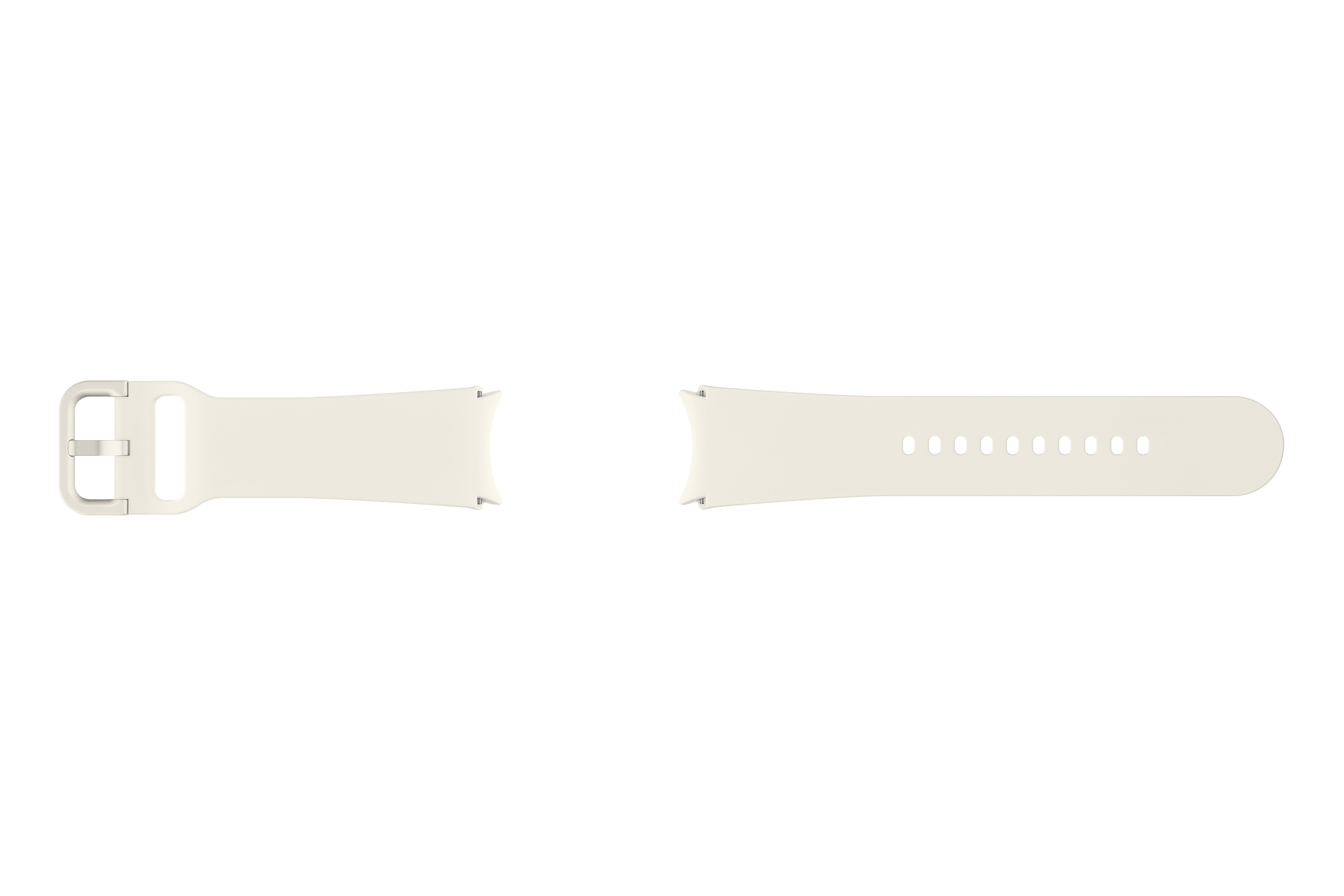 Dos correas de smartwatch crema claro, una con hebilla, sobre una superficie blanca.