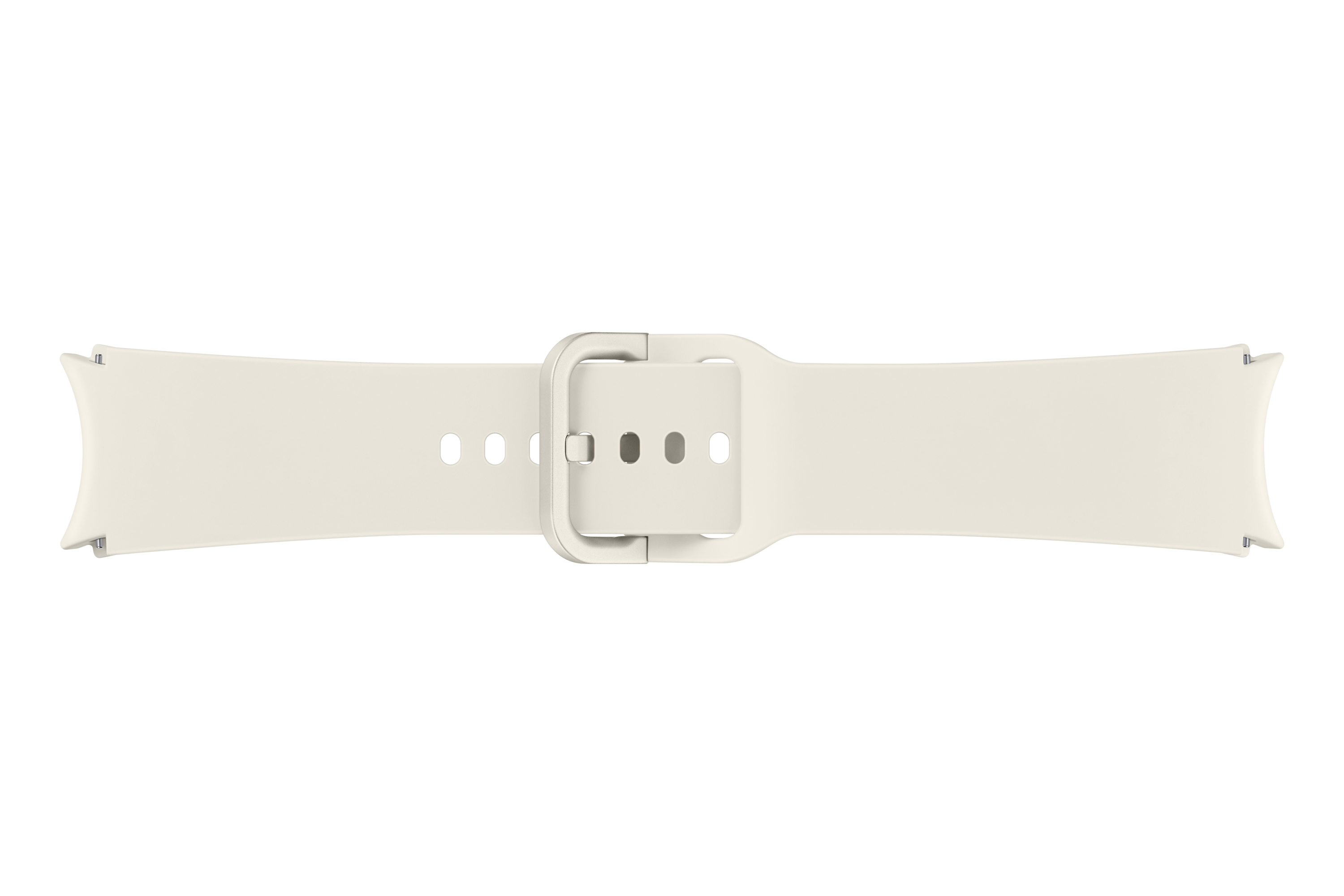 Una correa de reloj blanca con una hebilla plateada. El fondo es liso.