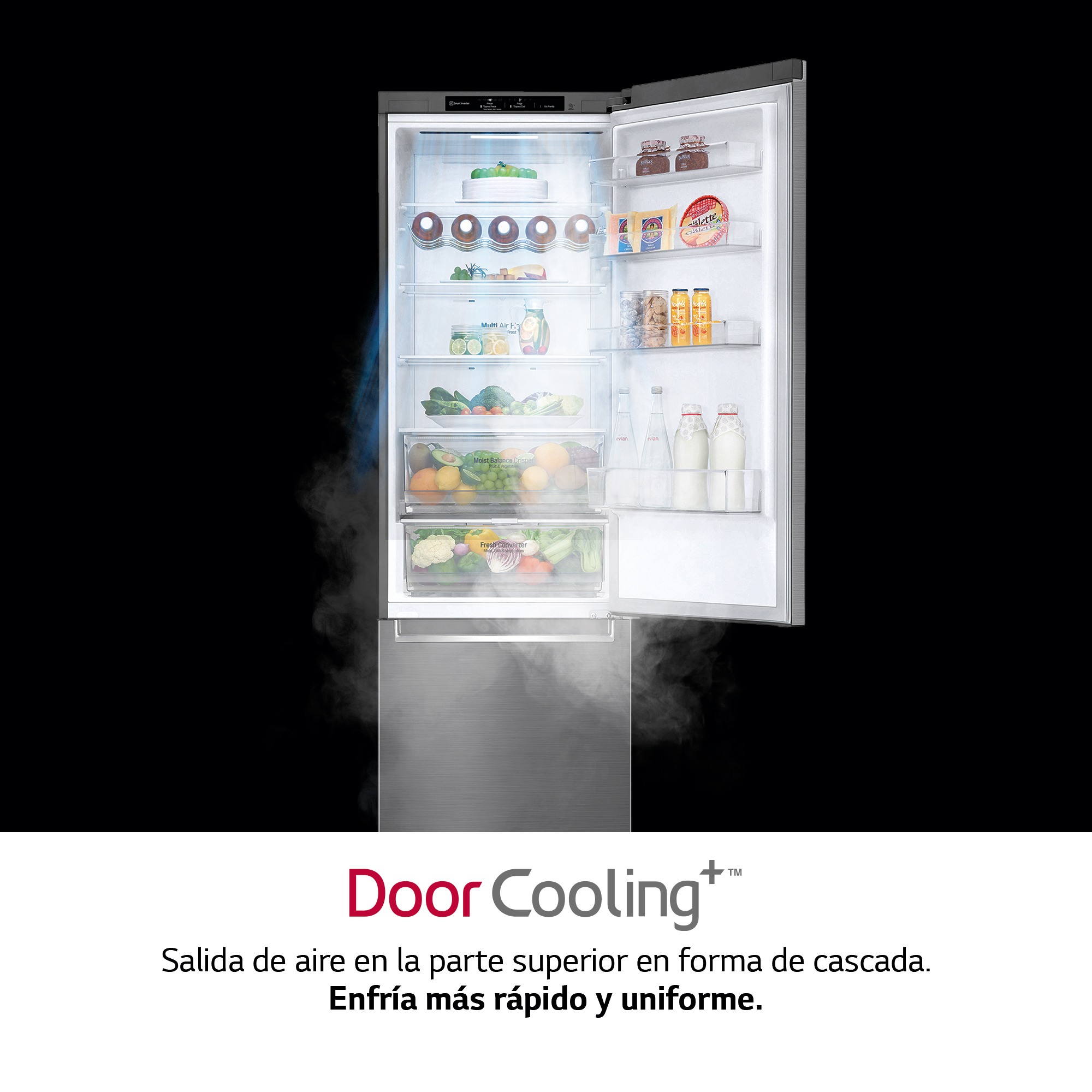 Un refrigerador abierto con comida dentro, con efectos de vapor y texto 'Door Cooling+'.