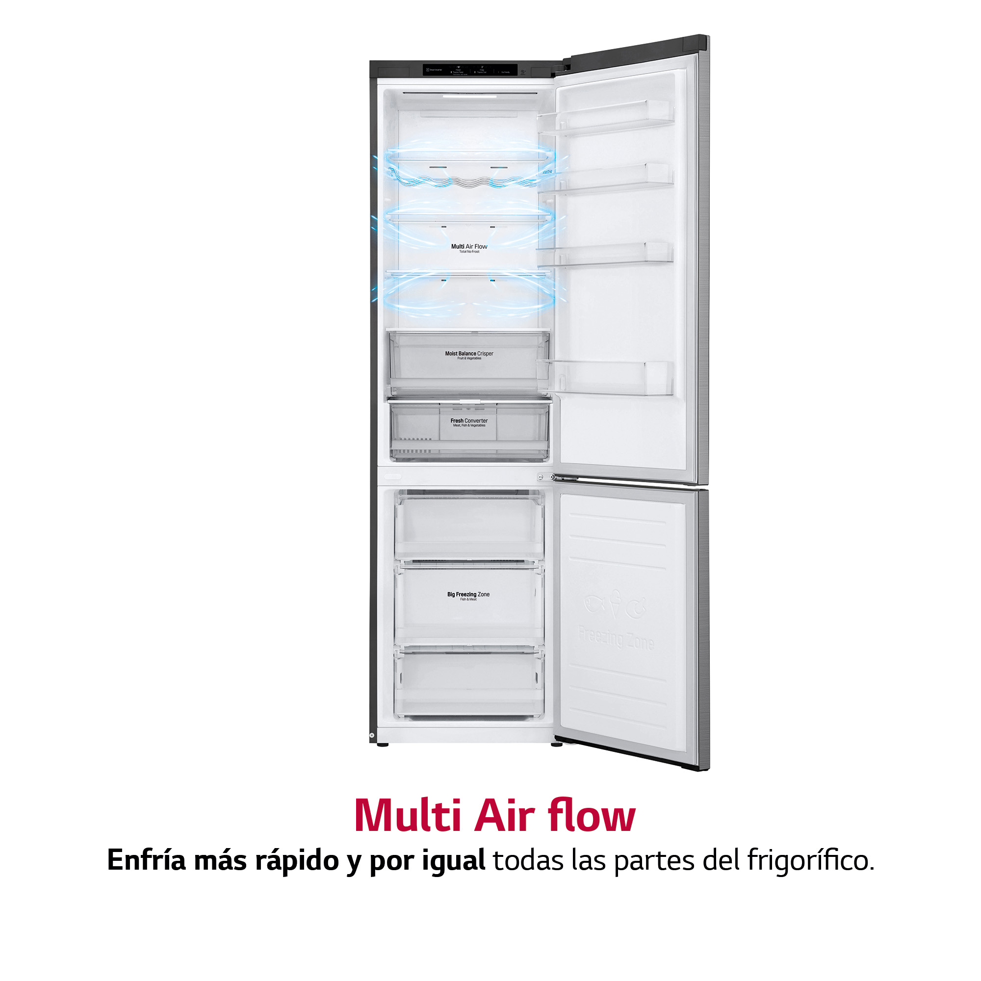Interior de un refrigerador LG abierto que muestra estantes y cajones con diseño de flujo de aire múltiple.