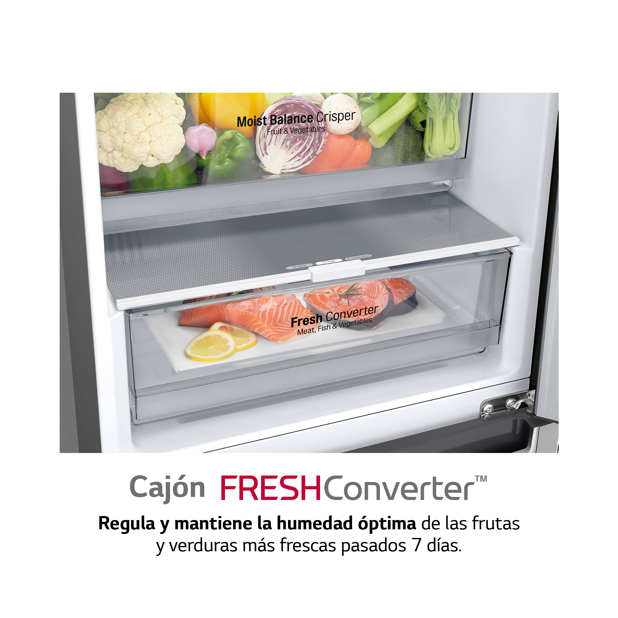 Interior de nevera con productos en cajones. Texto: FRESHConverter.