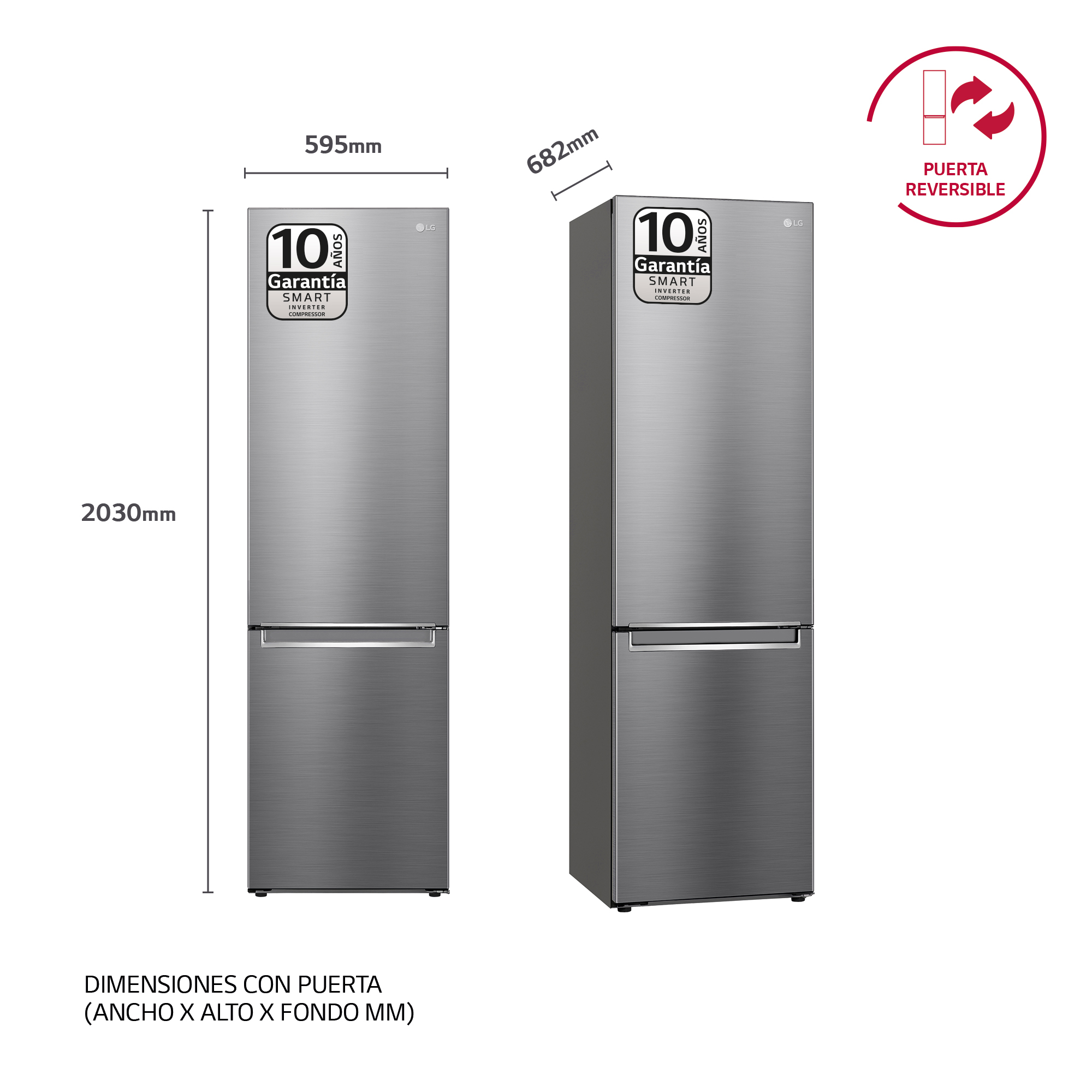 Dos refrigeradores LG plateados con dimensiones y etiqueta de puerta reversible.