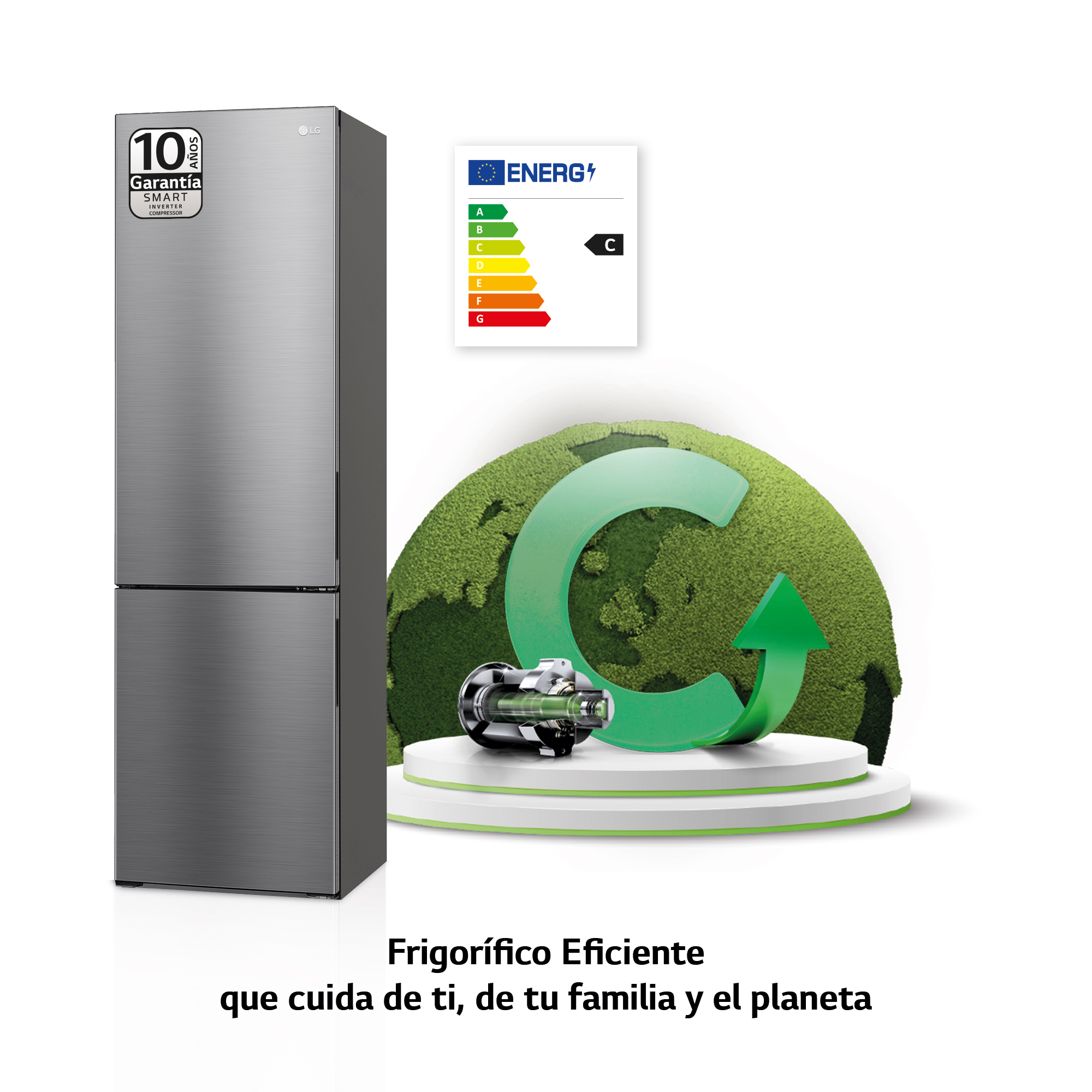 Un refrigerador LG plateado con un globo verde y una etiqueta de eficiencia energética.