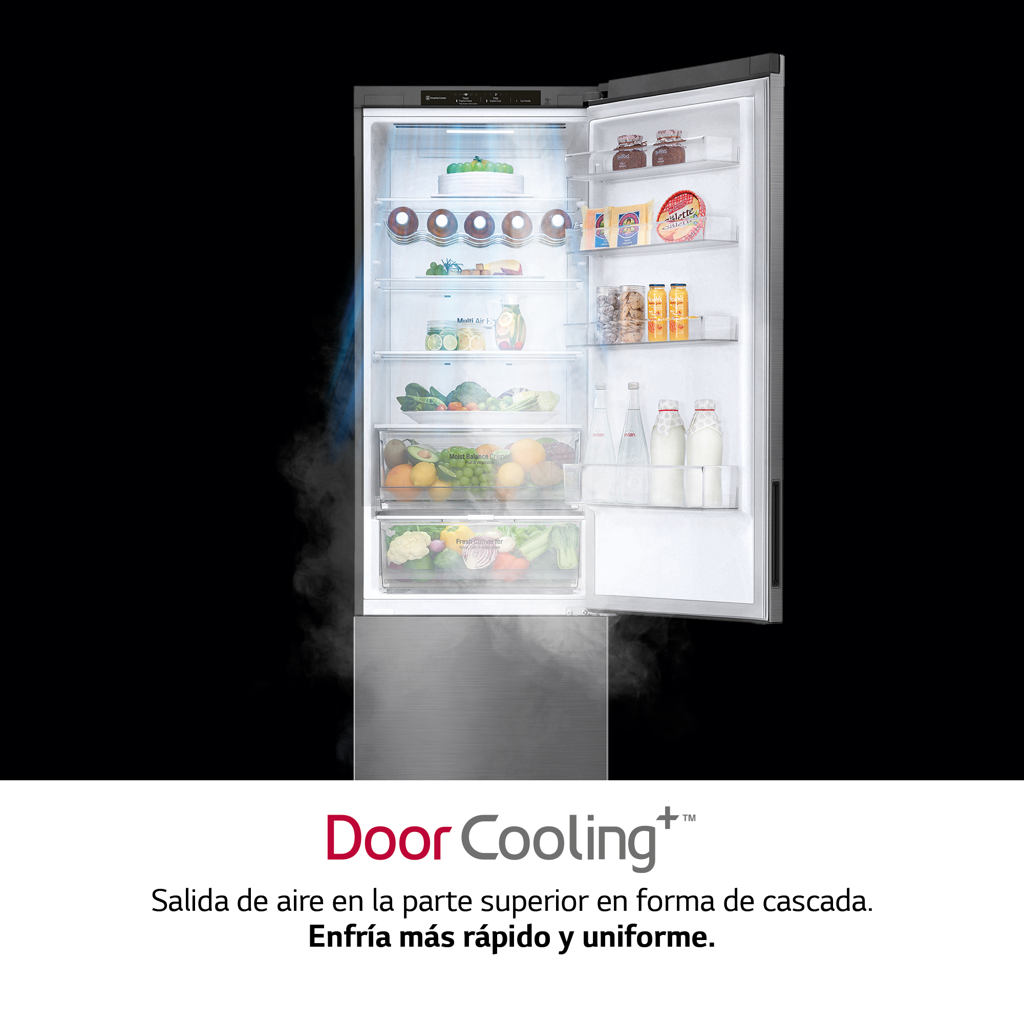 Refrigerador abierto con contenido visible. Se muestran verduras, frutas y lácteos.