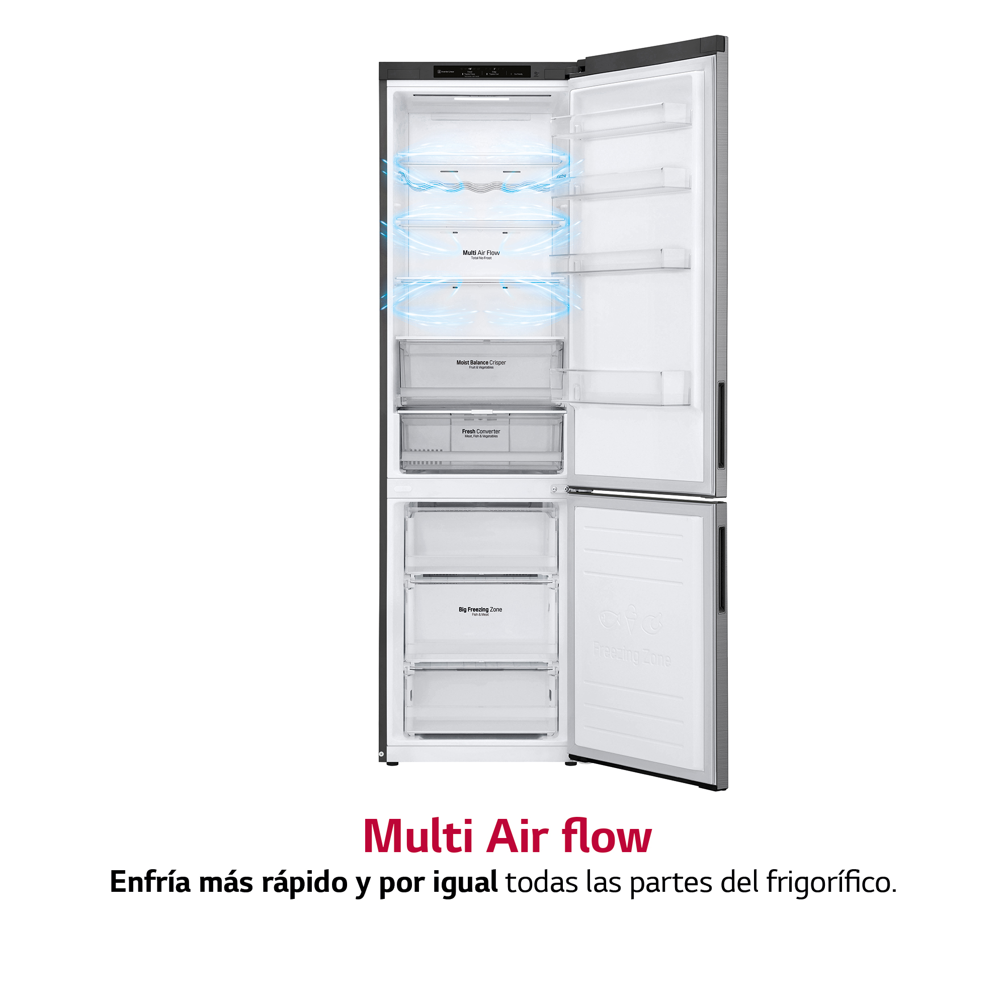 Un refrigerador con las puertas abiertas, revelando alimentos y estantes.