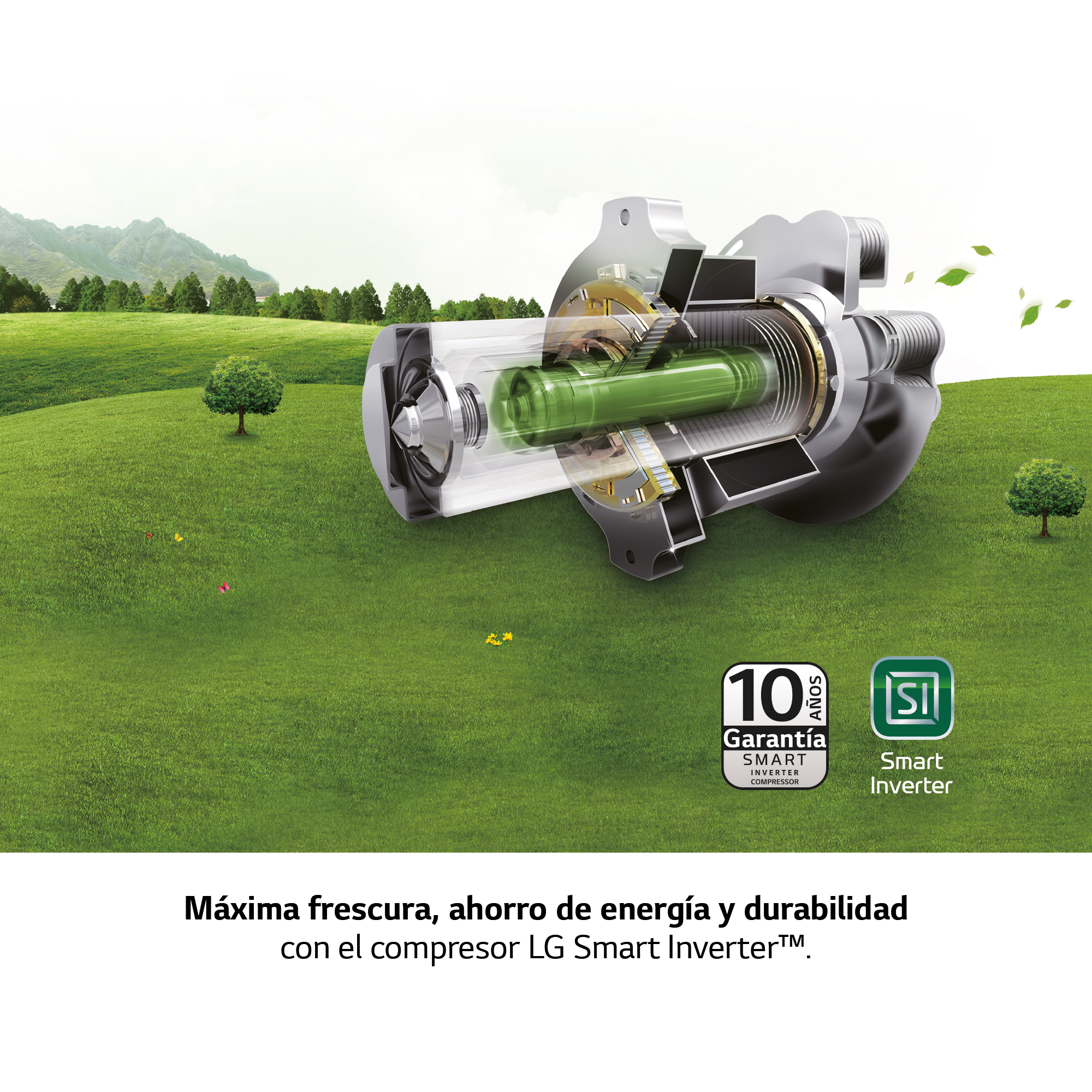 Imagen seccionada de un compresor LG Smart Inverter dentro de un frigorífico, mostrando partes verdes y hojas.