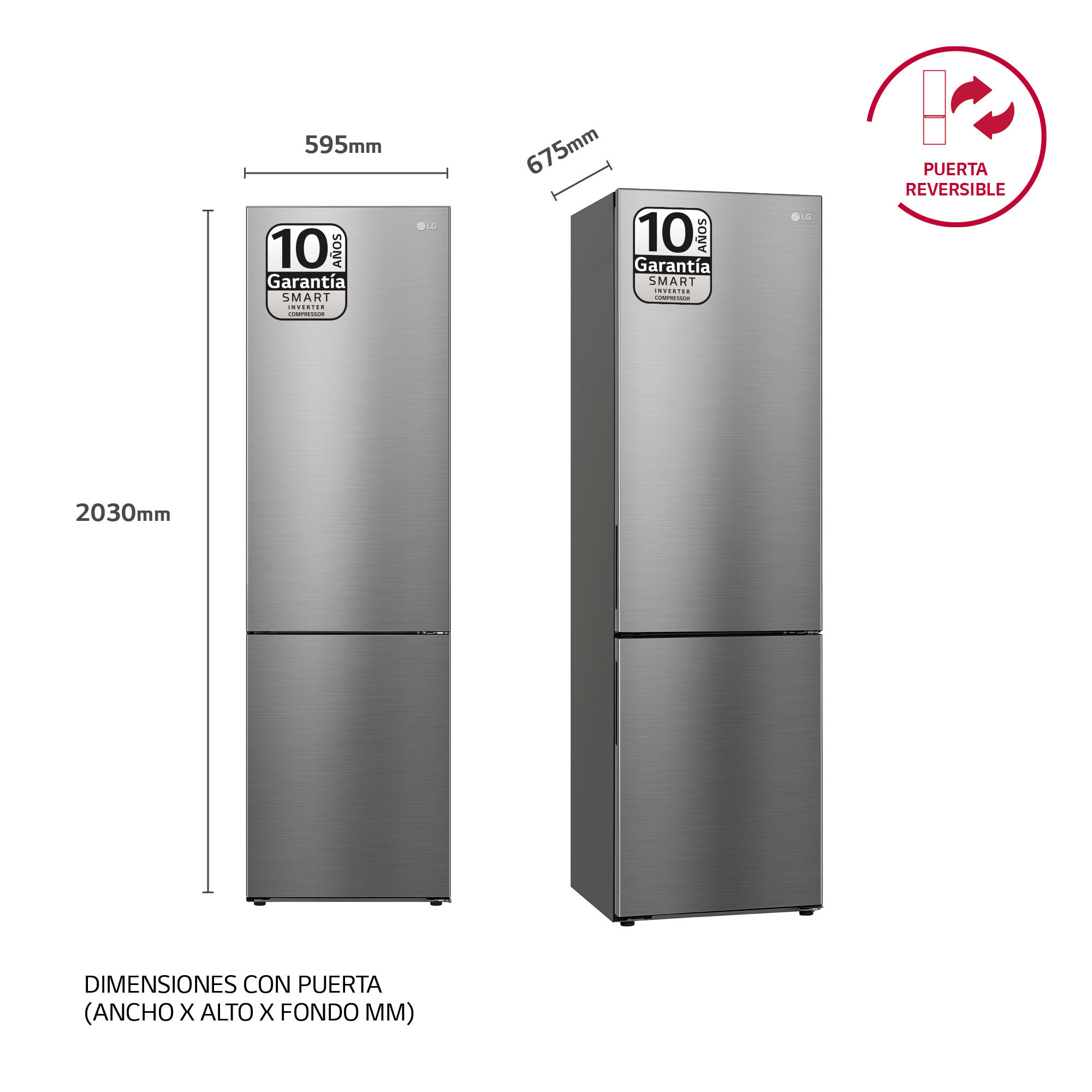 Dos refrigeradores plateados sobre un fondo blanco, con dimensiones en el lateral.