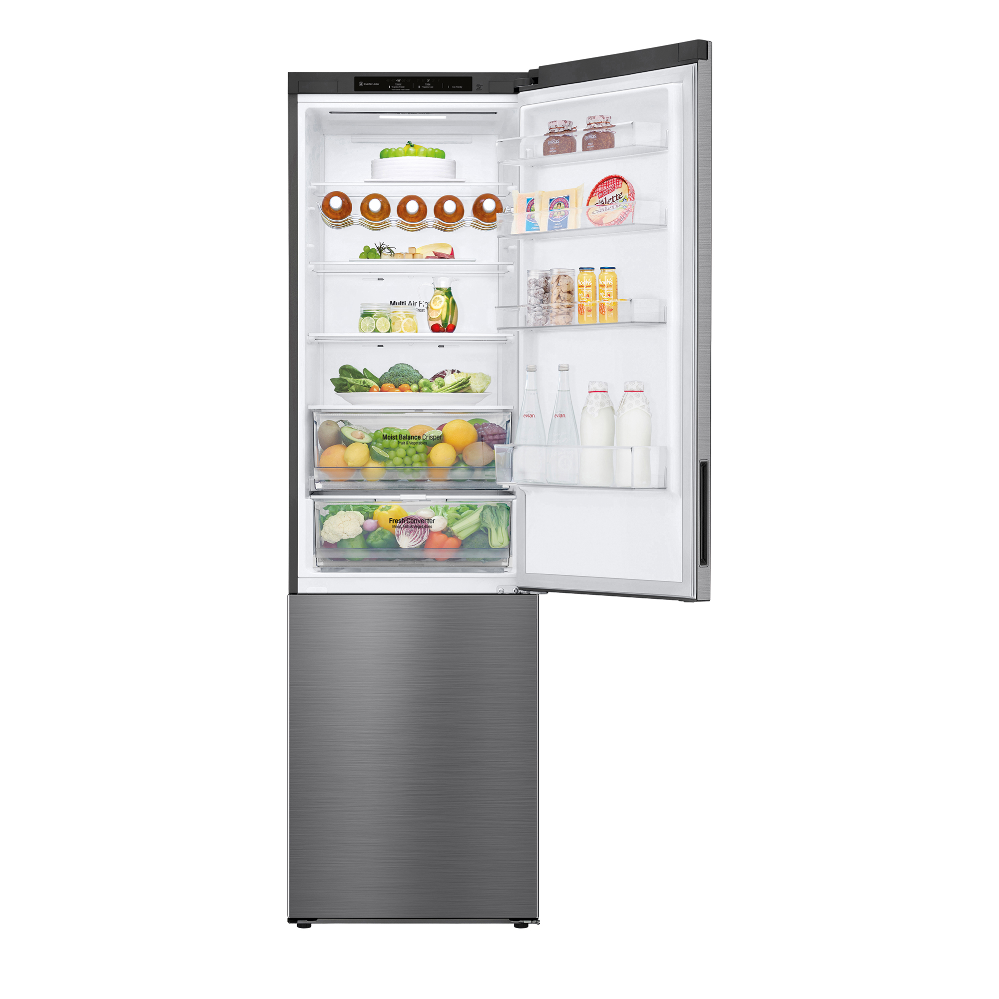 Refrigerador LG plateado con la puerta abierta, mostrando alimentos.