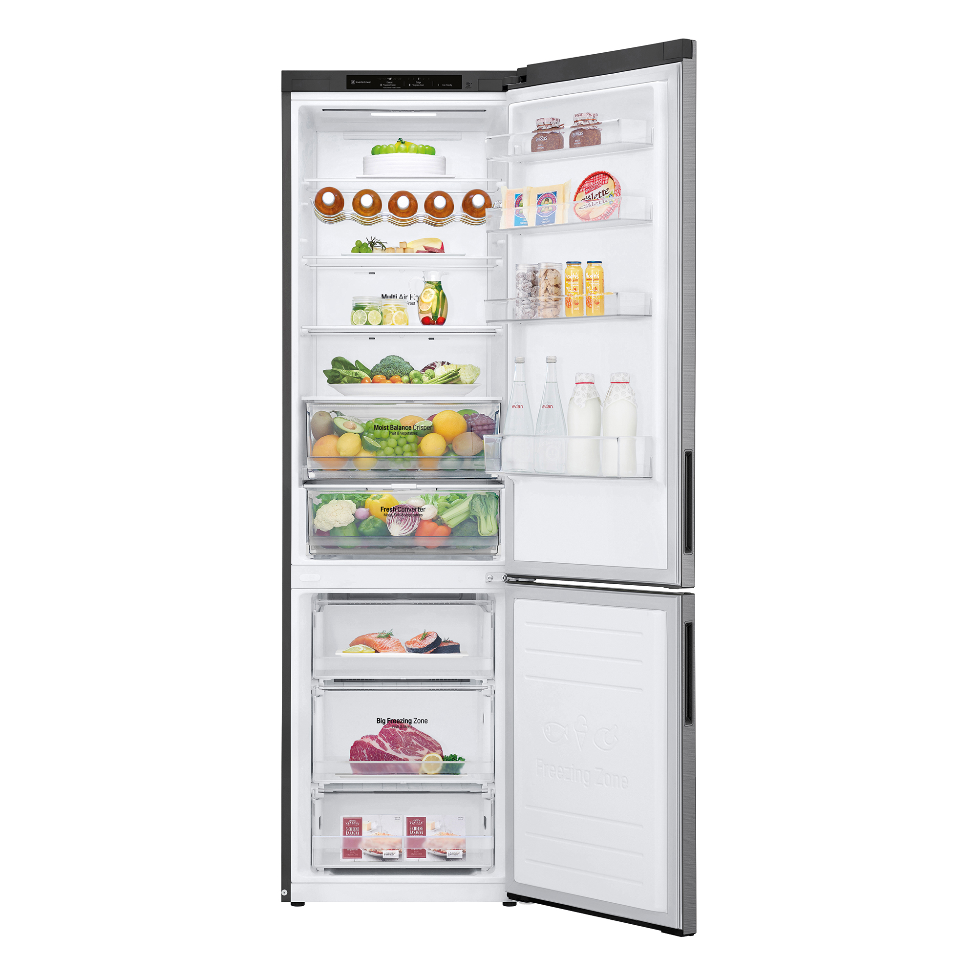 Un refrigerador abierto lleno de comida. El interior incluye estantes y cajones.