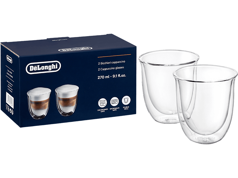 REACONDICIONADO Seminuevo Muy bueno Set de tazas - De'Longhi DLSC311, Juego 2 vasos Cappuccino, Vidrio doble, Transparente, 270ml