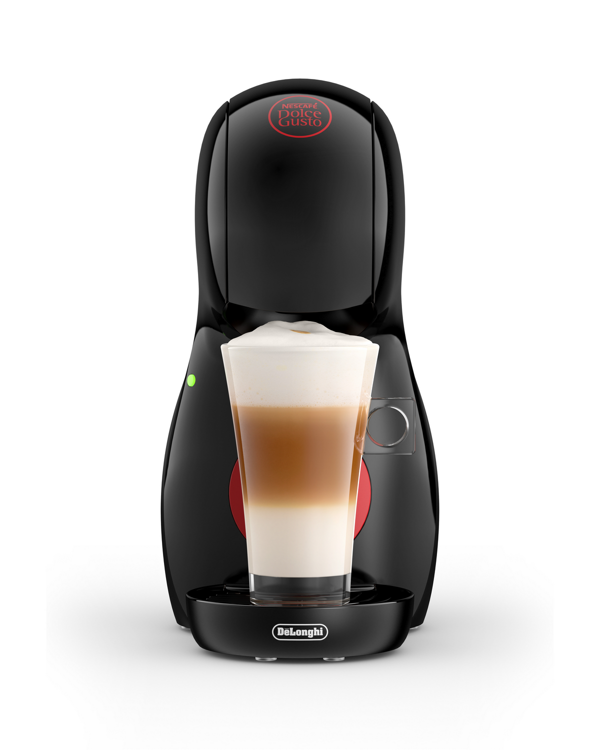 Cafetera Dolce Gusto negra y roja con latte macchiato en un vaso.