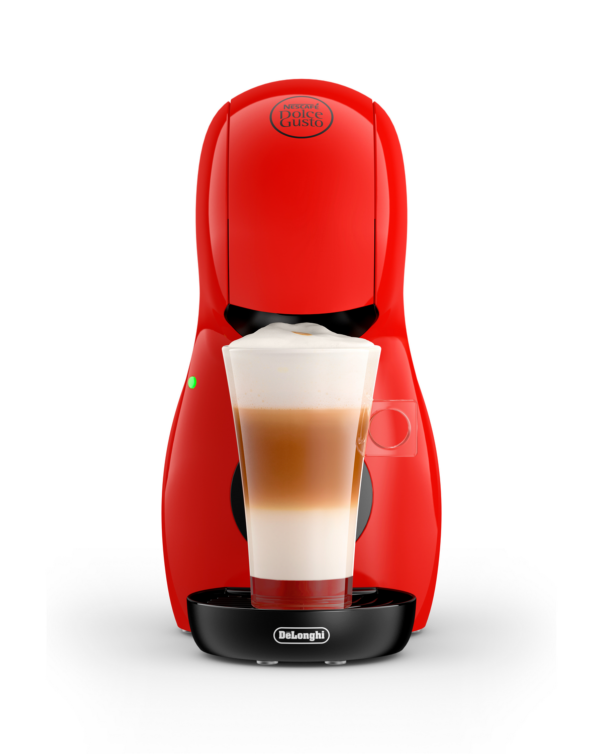 Cafetera roja DeLonghi con un vaso de latte. Fondo blanco.