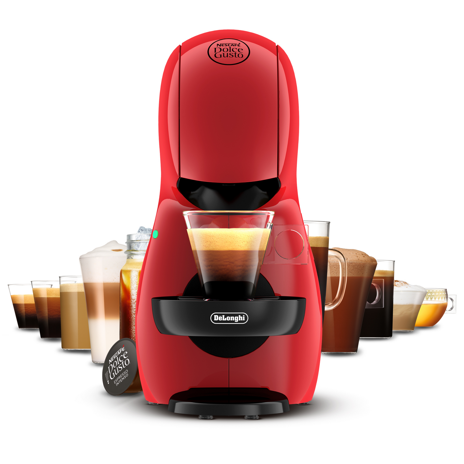 Una cafetera roja De'Longhi Nescafé Dolce Gusto con un vaso de café.