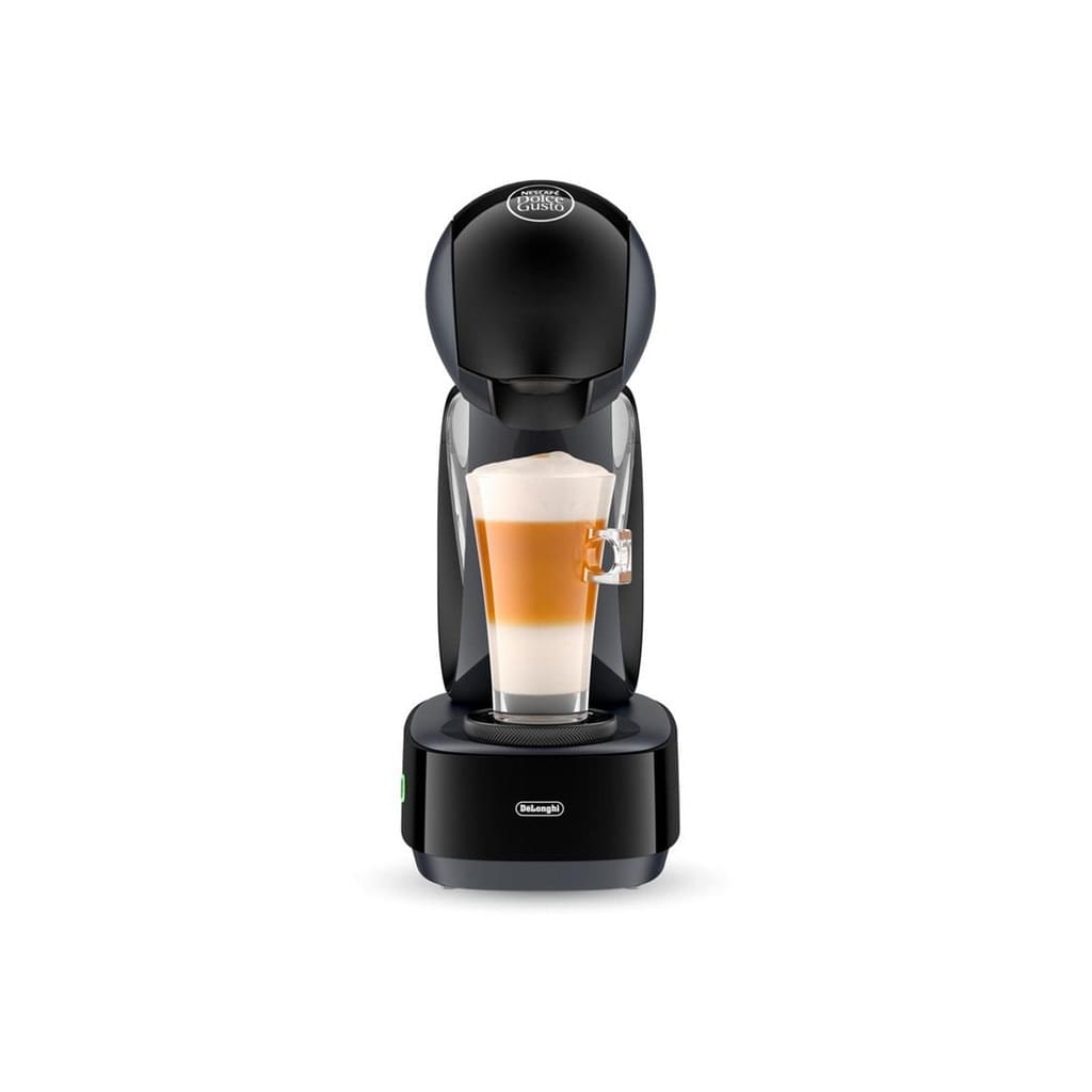 Cafetera DeLonghi negra con un vaso de latte en capas.